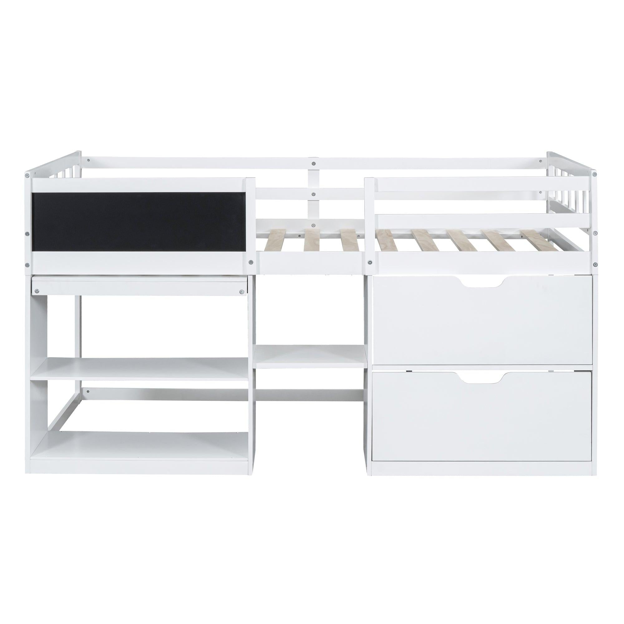 Twin Size Low Loft Bed with Rolling Desk, Shelf and Drawers - White