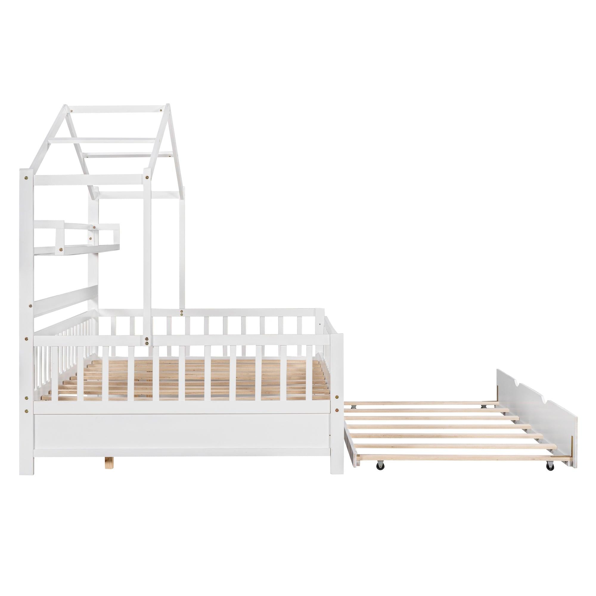 Wooden Full Size House Bed with Twin Size Trundle,Kids Bed with Shelf, White