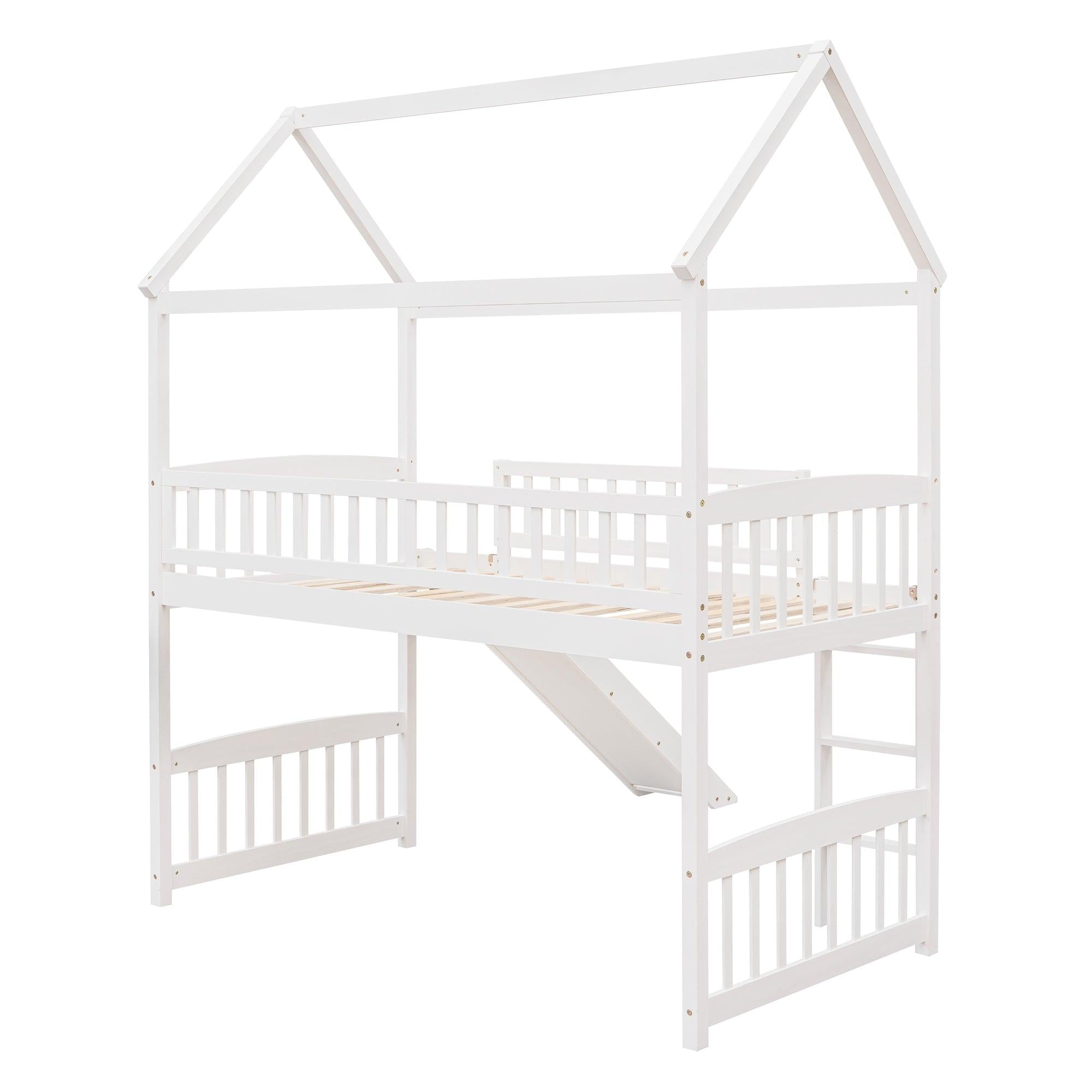 Twin Loft Bed with Slide, House Bed with Slide,White