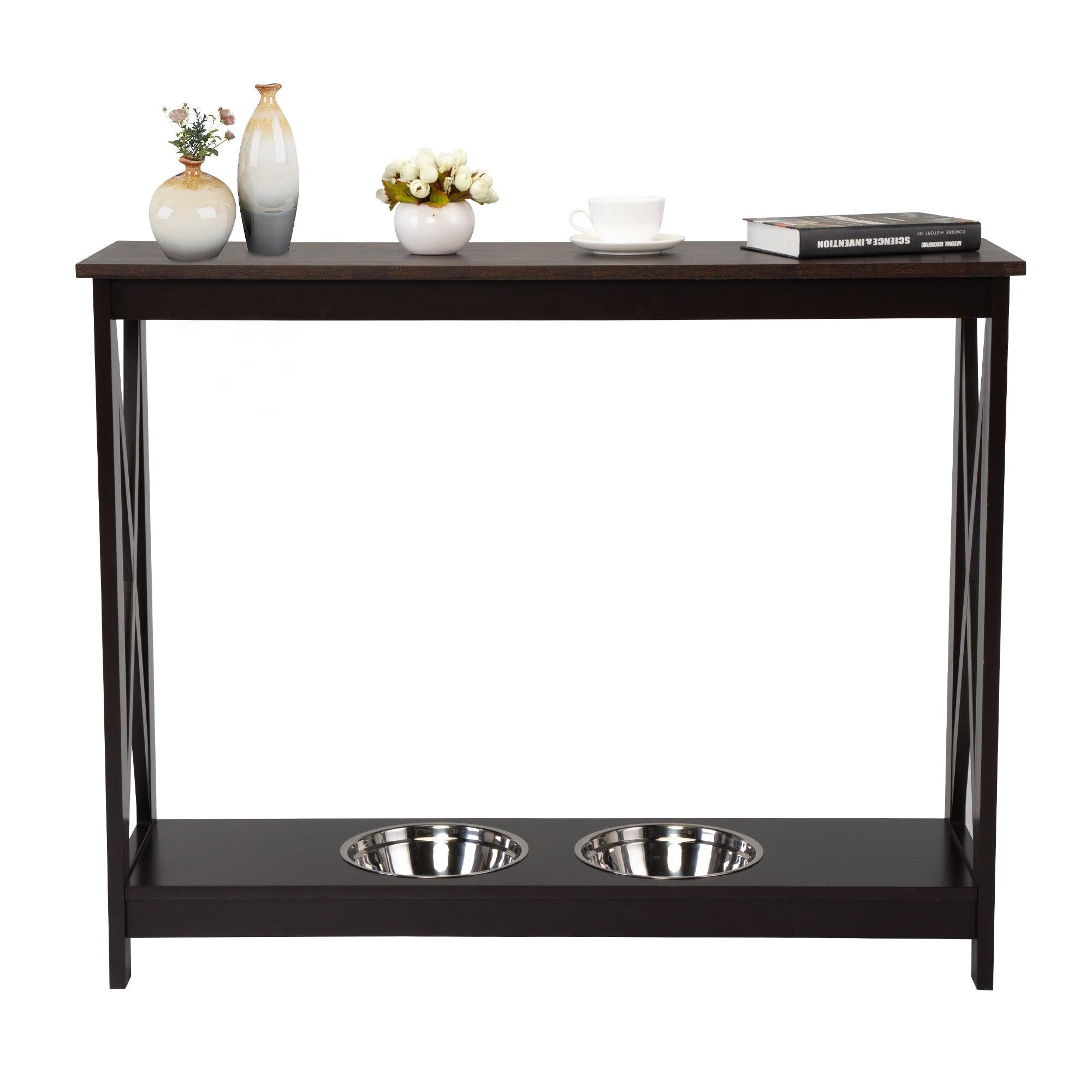 31.5"HModern Console Table with Dog Bowls, X Frame Narrow Sofa Table, Cat Feeding Station for Living Room Entry, Nut Brown and Black image