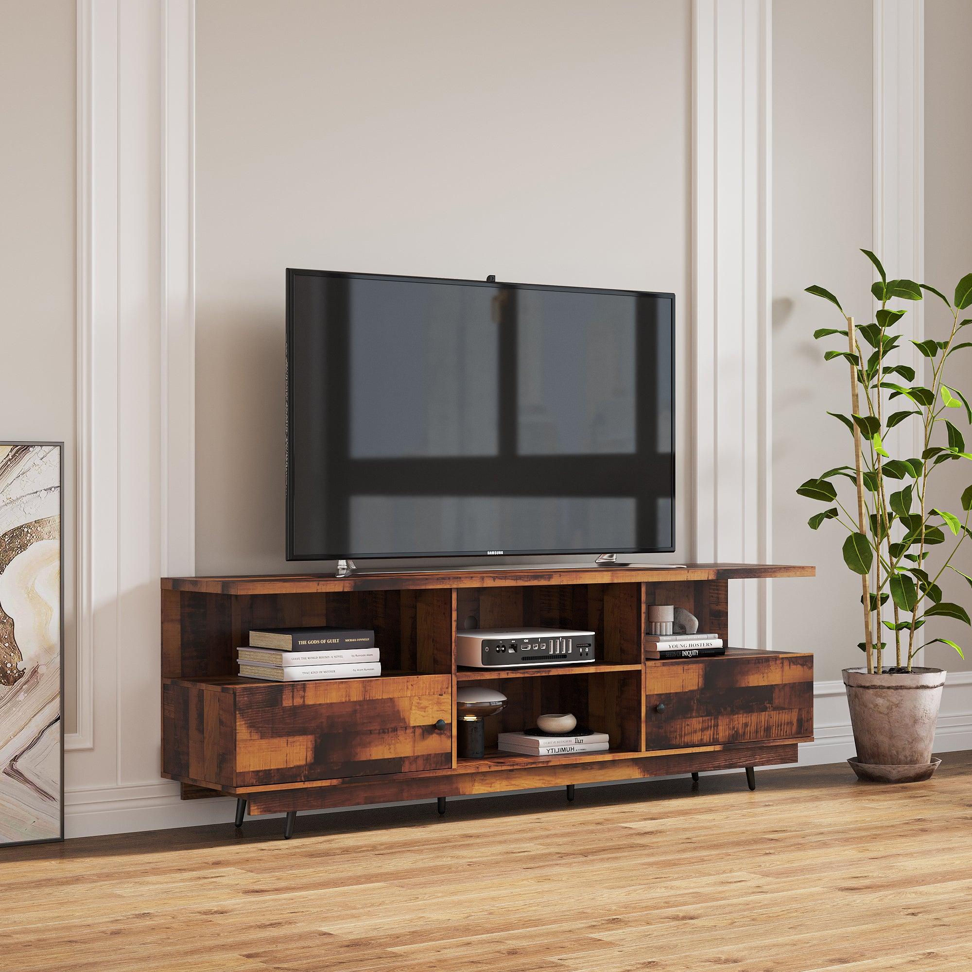 TV StandModern Wood Media Entertainment Center Console Table  with 2 Doors and 4 Open Shelves