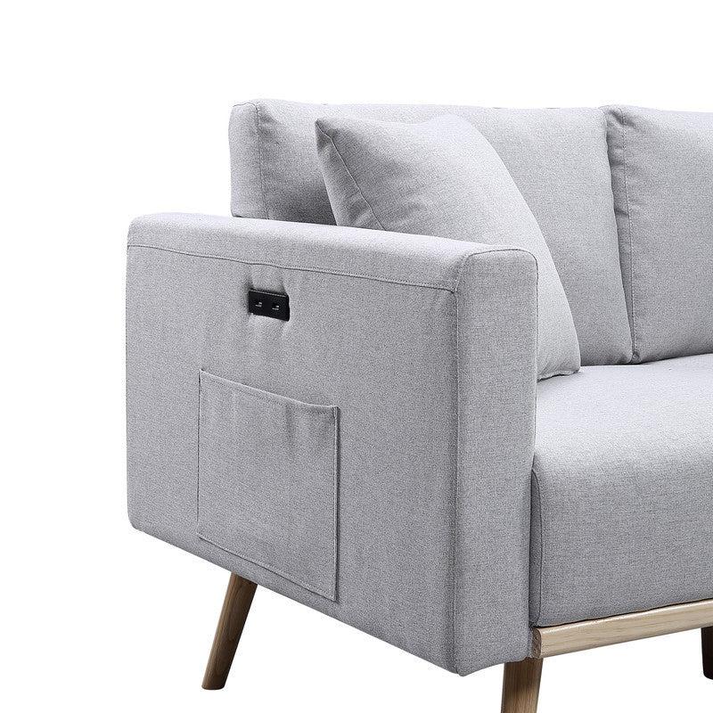 Easton Light Gray Linen Fabric Sofa Loveseat Living Room Set with USB Charging Ports Pockets & Pillows