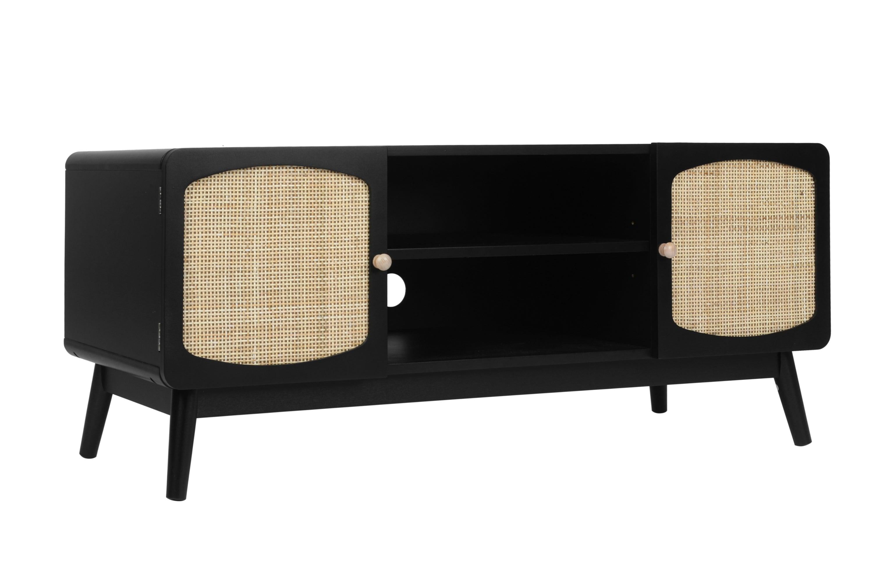 Black TV Console with Rattan Door, Boho TV Stand for Bedroom, Living Room