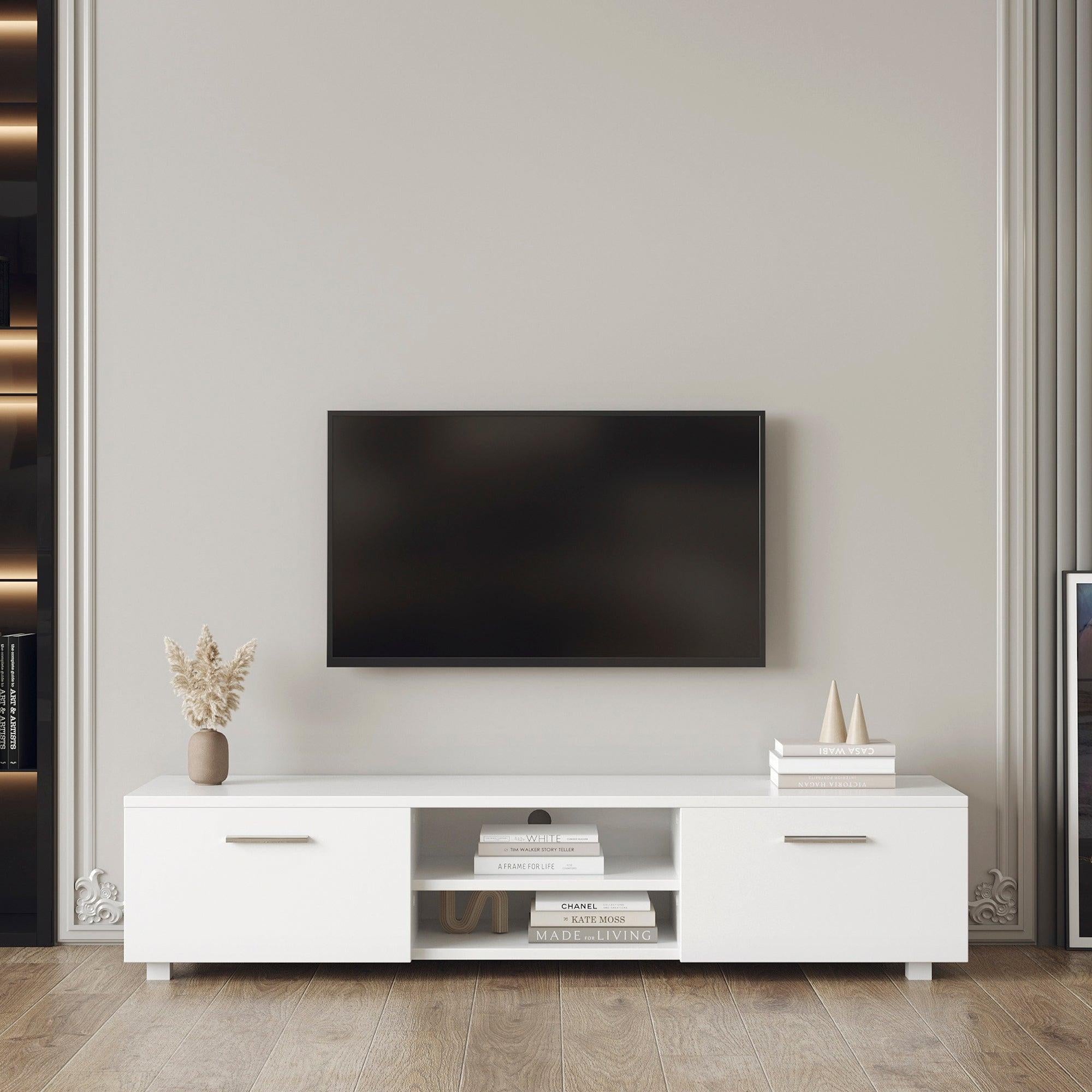 White TV Stand for 70 Inch TV Stands, Media Console Entertainment Center Television Table, 2Storage Cabinet with Open Shelves for Living Room Bedroom image