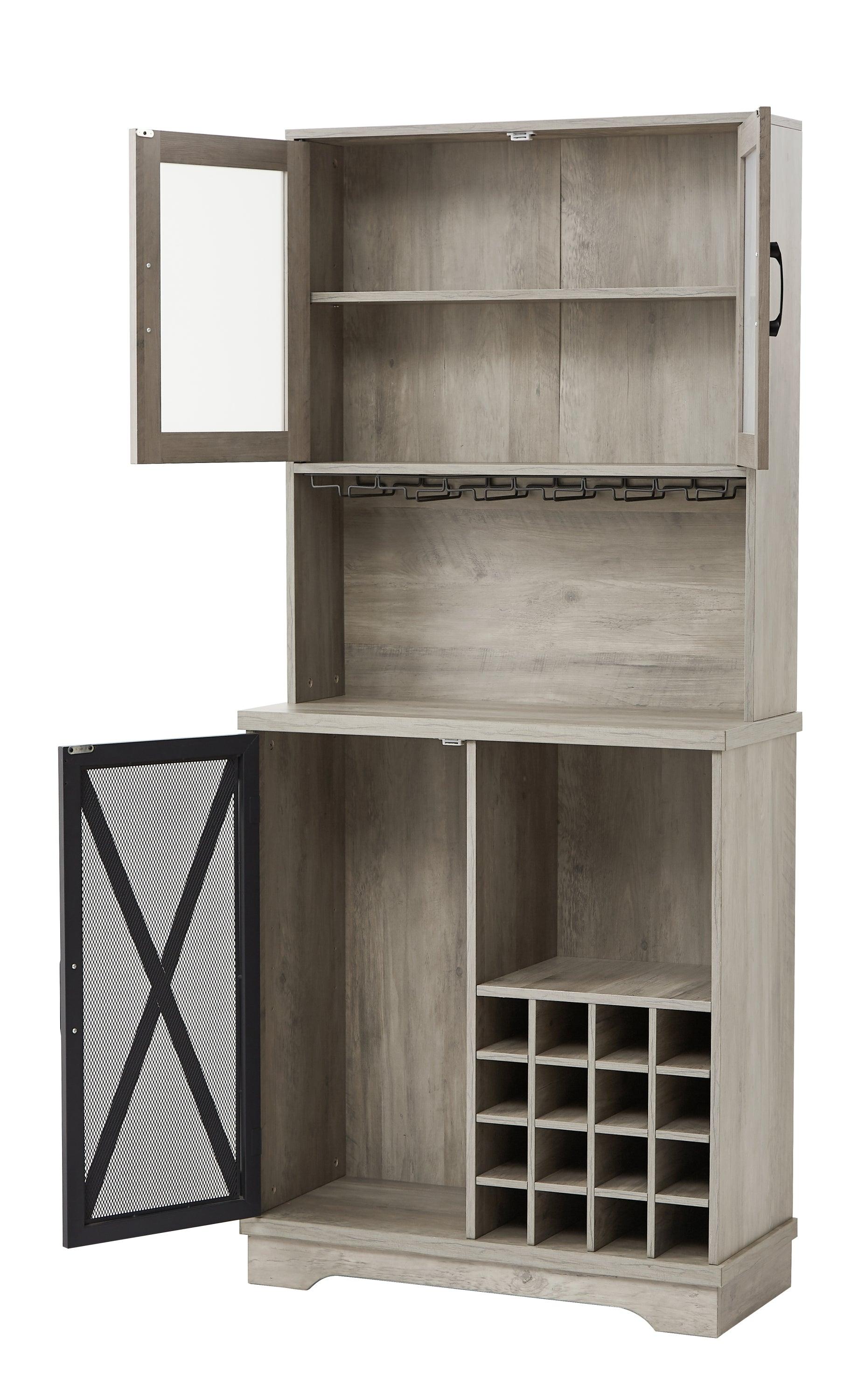 Farmhouse Wine Cabinet , Large Capacity Kitchen SideboardStorage Cabinet With Wine Rack And Glass Holder, Adjustable Shelf And 16 Square Compartments (Gray, 31.50" W*13.4" D*71.06"H)