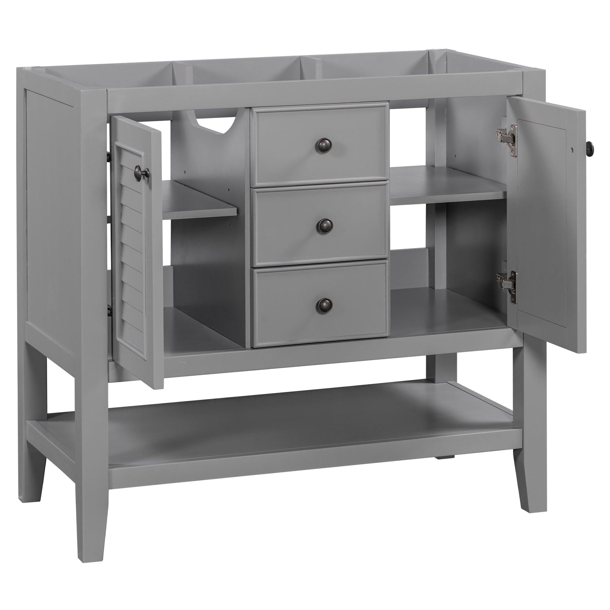 36" Bathroom Vanity without Sink, Cabinet Base Only, Two Cabinets and Drawers, Open Shelf, Solid Wood Frame, Grey