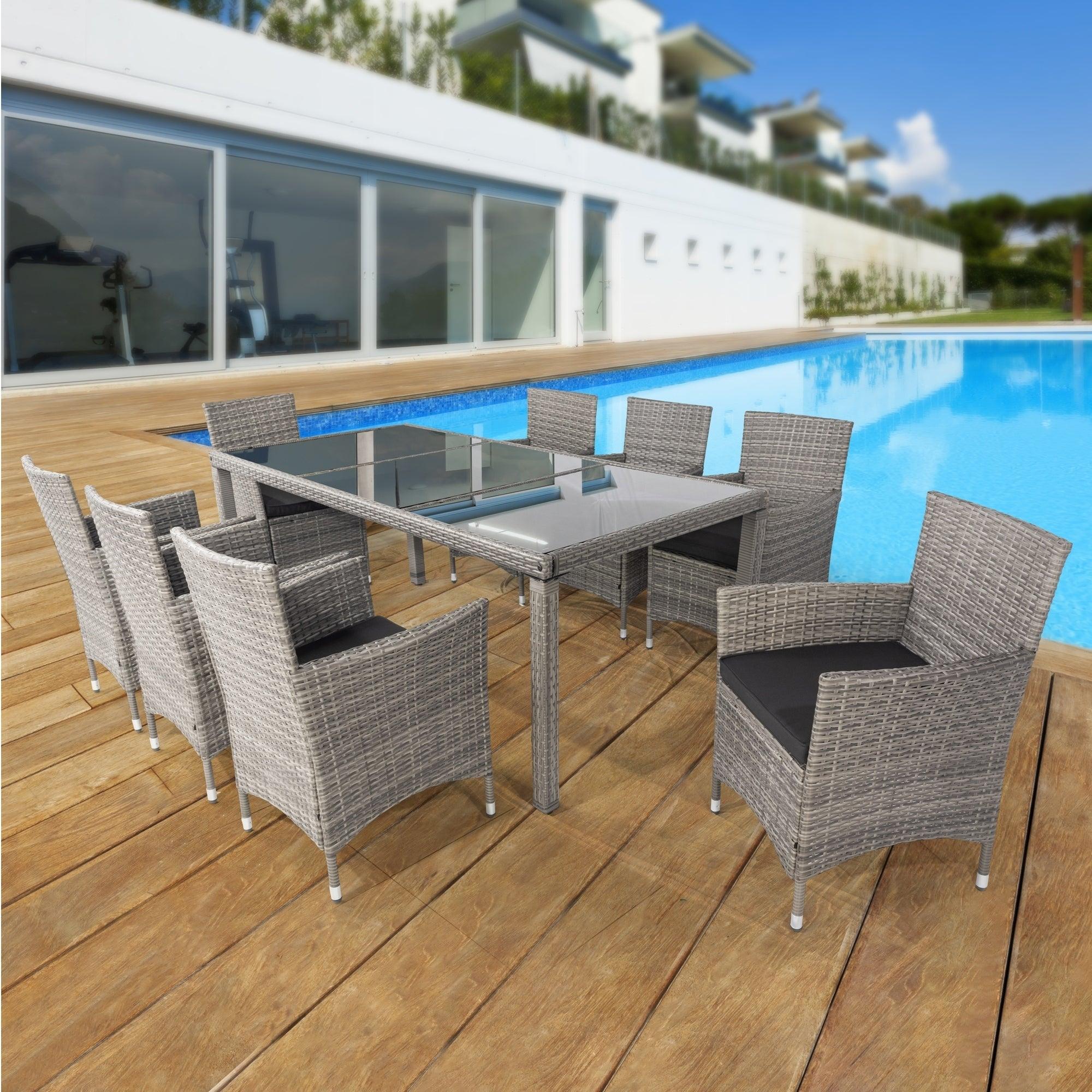 9 piece Outdoor Patio Wicker Dining Set Patio Wicker Furniture Dining Set Glass Top Grey image