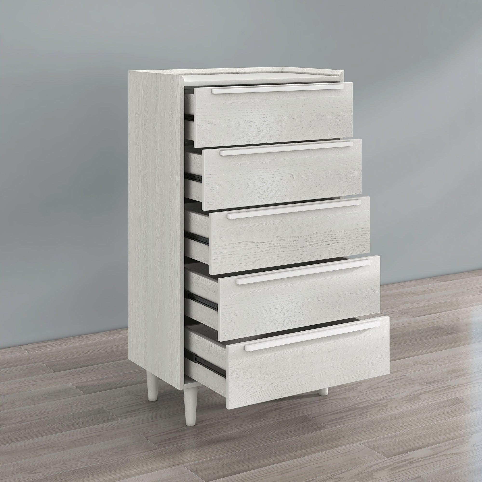 Modern Style Manufactured Wood 5-Drawer Chest with Solid Wood Legs, White