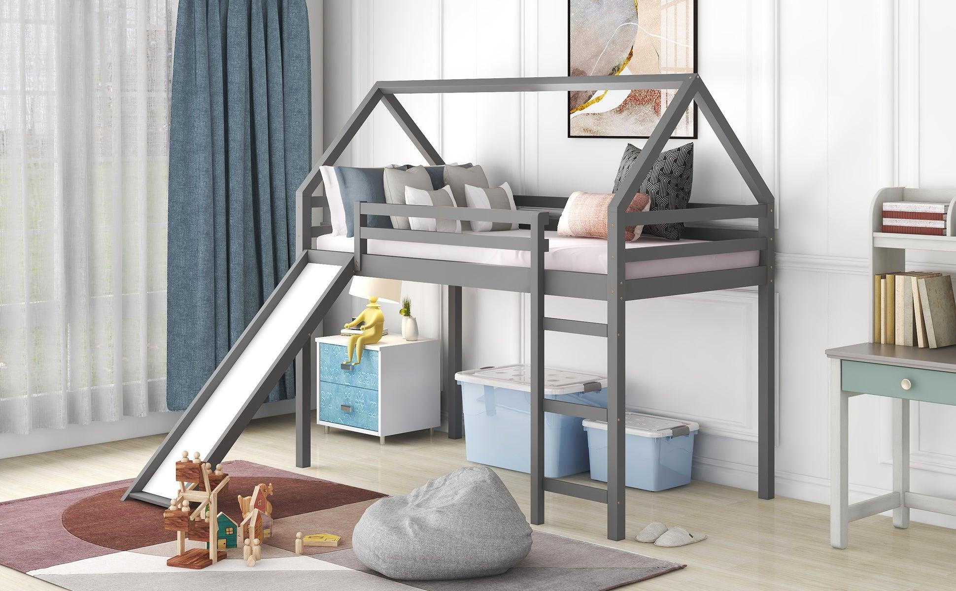 Twin Size Loft Bed with Slide, House Bed with Slide,Gray