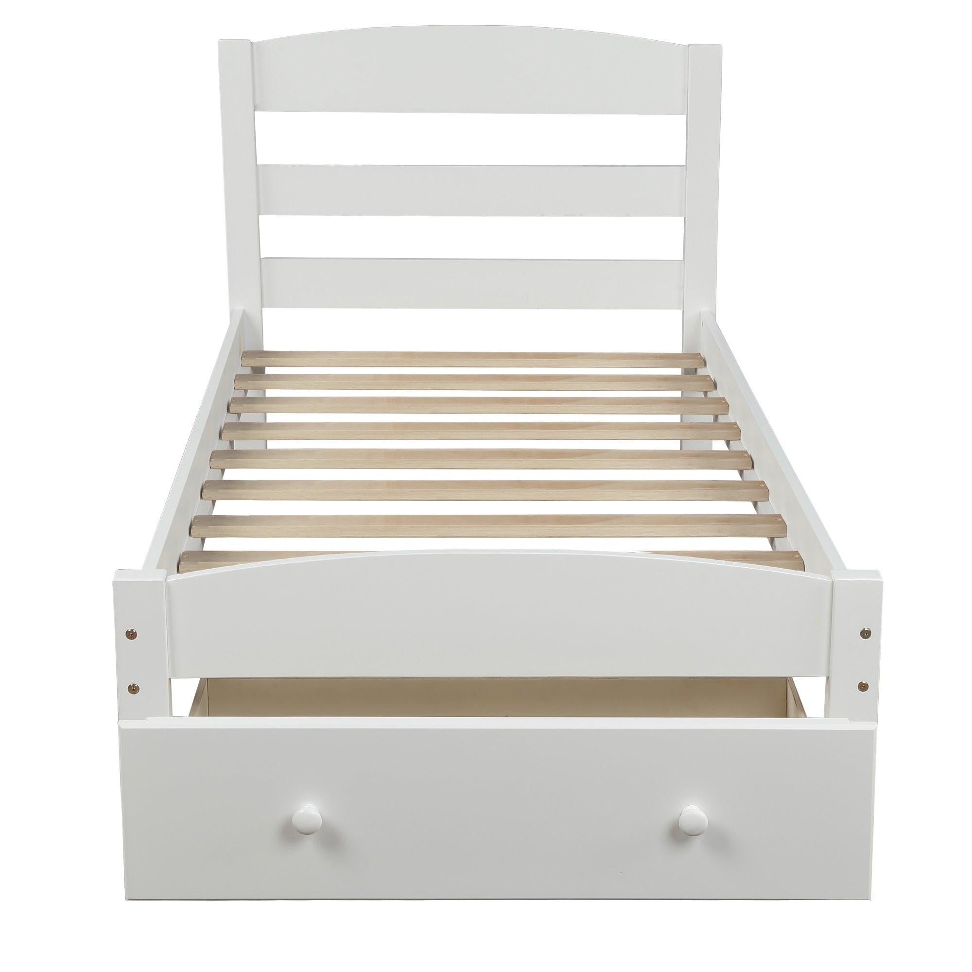 Platform Twin Bed Frame withStorage Drawer and Wood Slat Support No Box Spring Needed, White