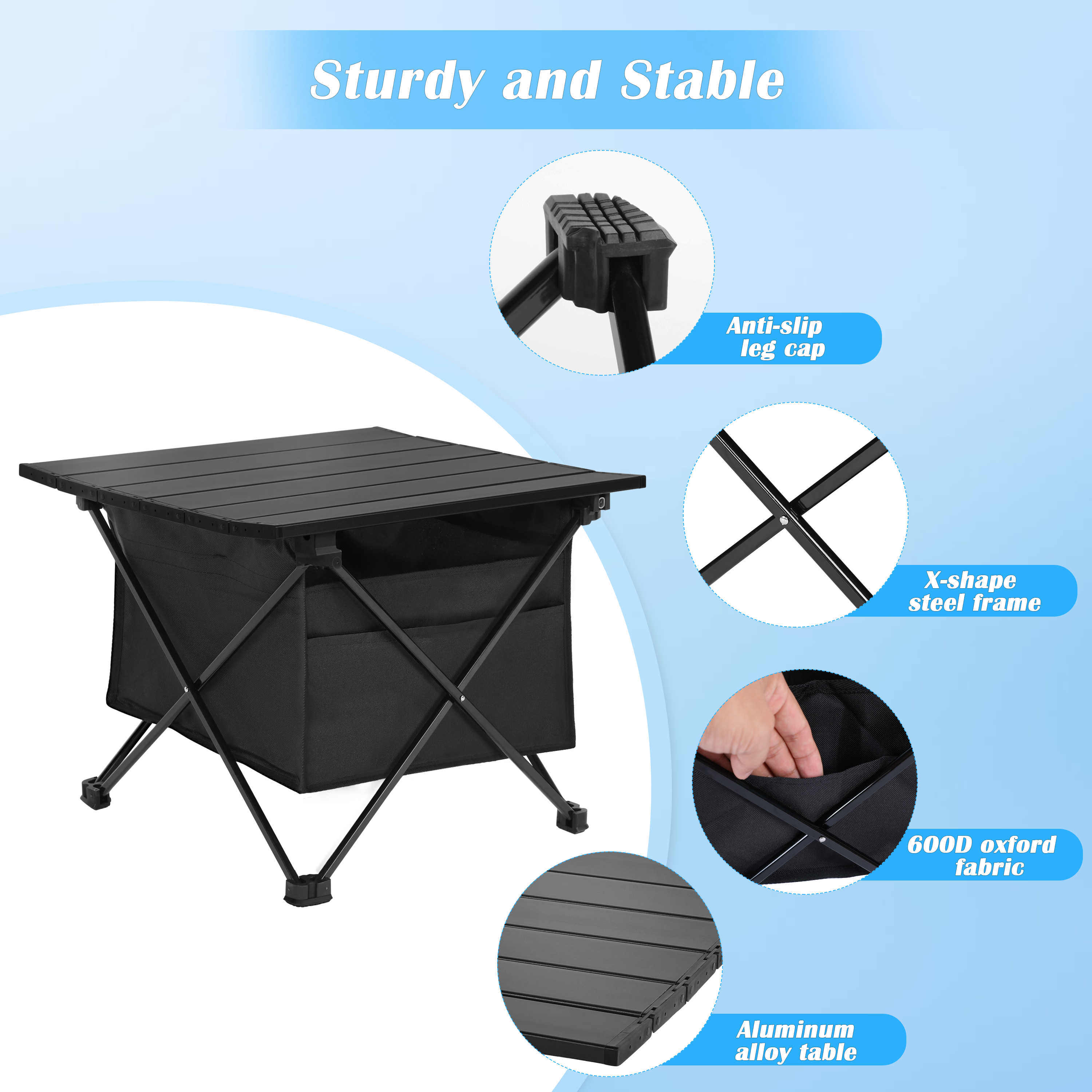 Portable Folding Aluminum Alloy Table with High-CapacityStorage and Carry Bag for Camping, Traveling, Hiking, Fishing, Beach, BBQ, Small, Black