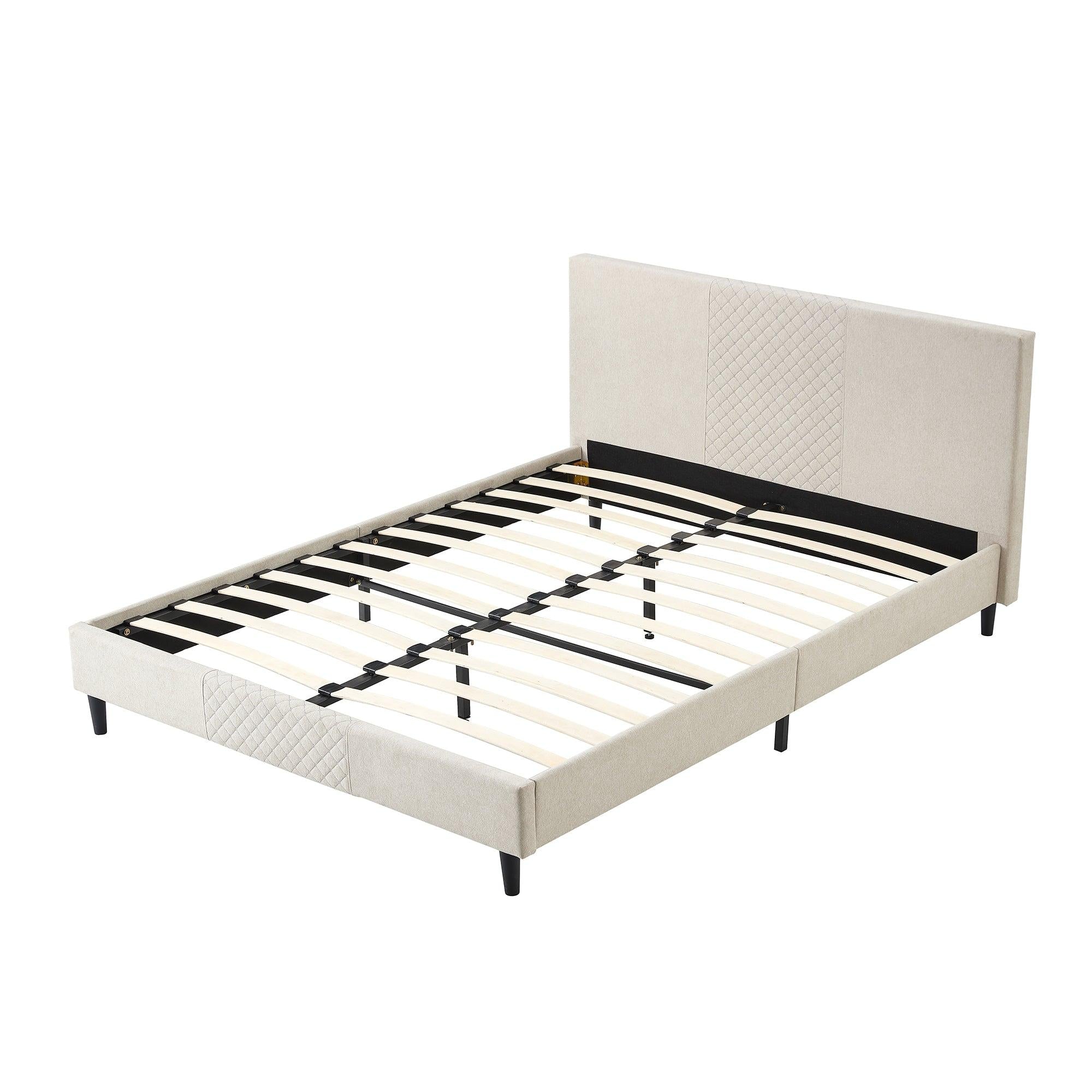 Queen Bed Frame/Velvet Upholstered Bed Frame with Diamond grid Channel Tufted Headboard/Strong Wooden Slats/Platform Bed Frame/Mattress Foundation/Box Spring Optional/Easy Assembly/Beige