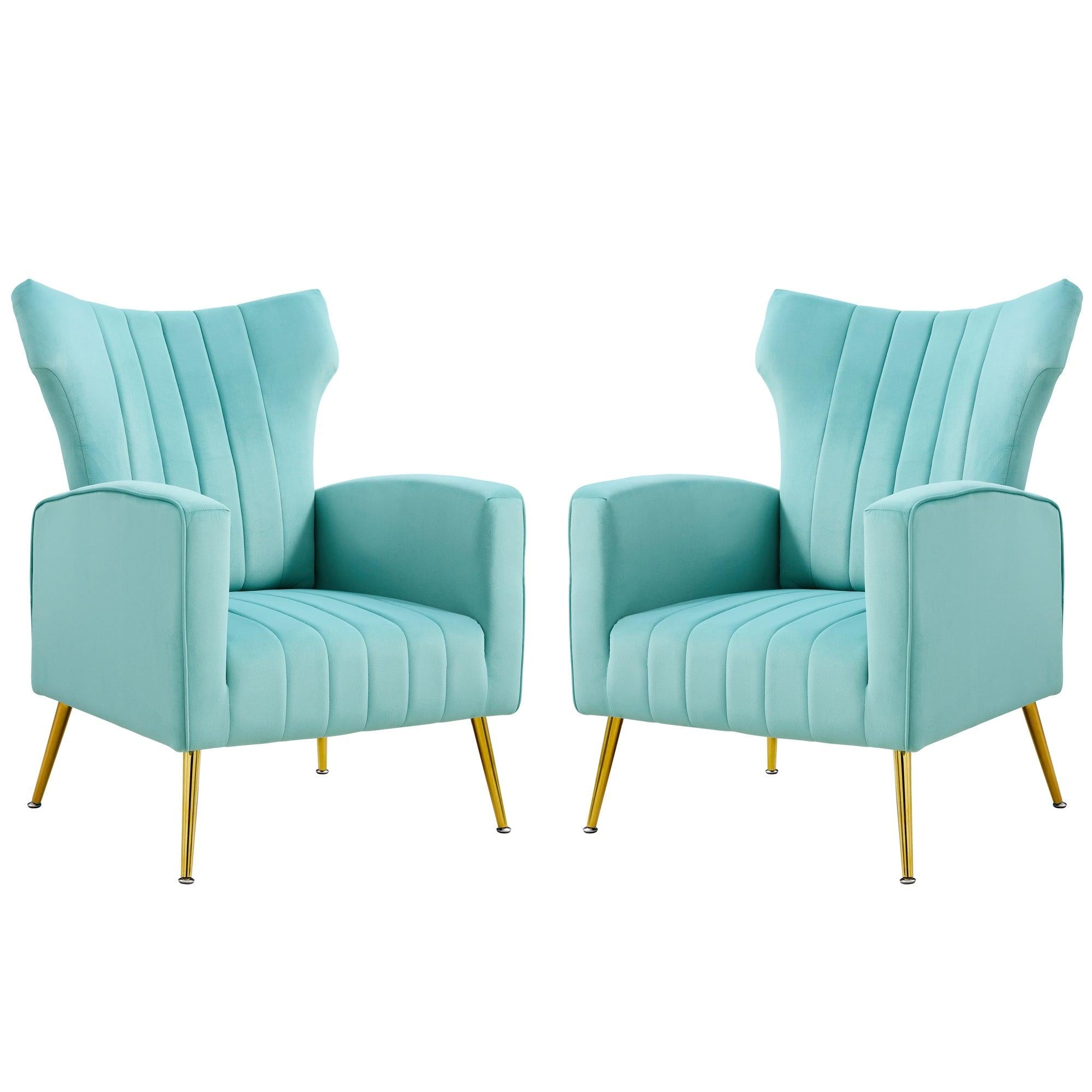 Modern Velvet Accent Chair with Arms, Wingback Reading Chair with Gold Metal Legs, Comfy Upholstered Single Leisure Sofa for Living Room Bedroom Club(Velvet+Blue)