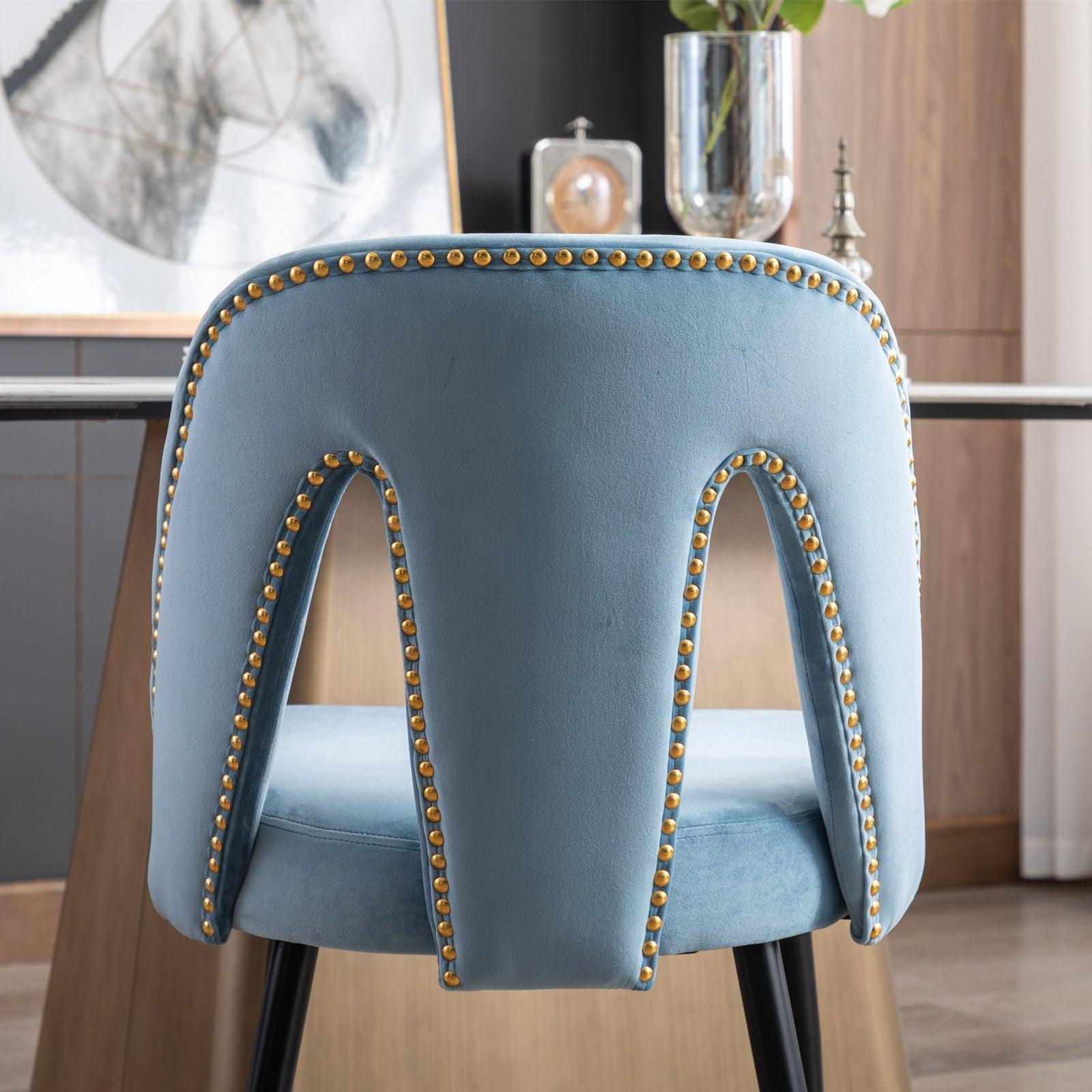 Akoya CollectionModern | Contemporary Velvet Upholstered Dining Chair with Nailheads and Gold Tipped Black Metal Legs, Light Blue，Set of 2