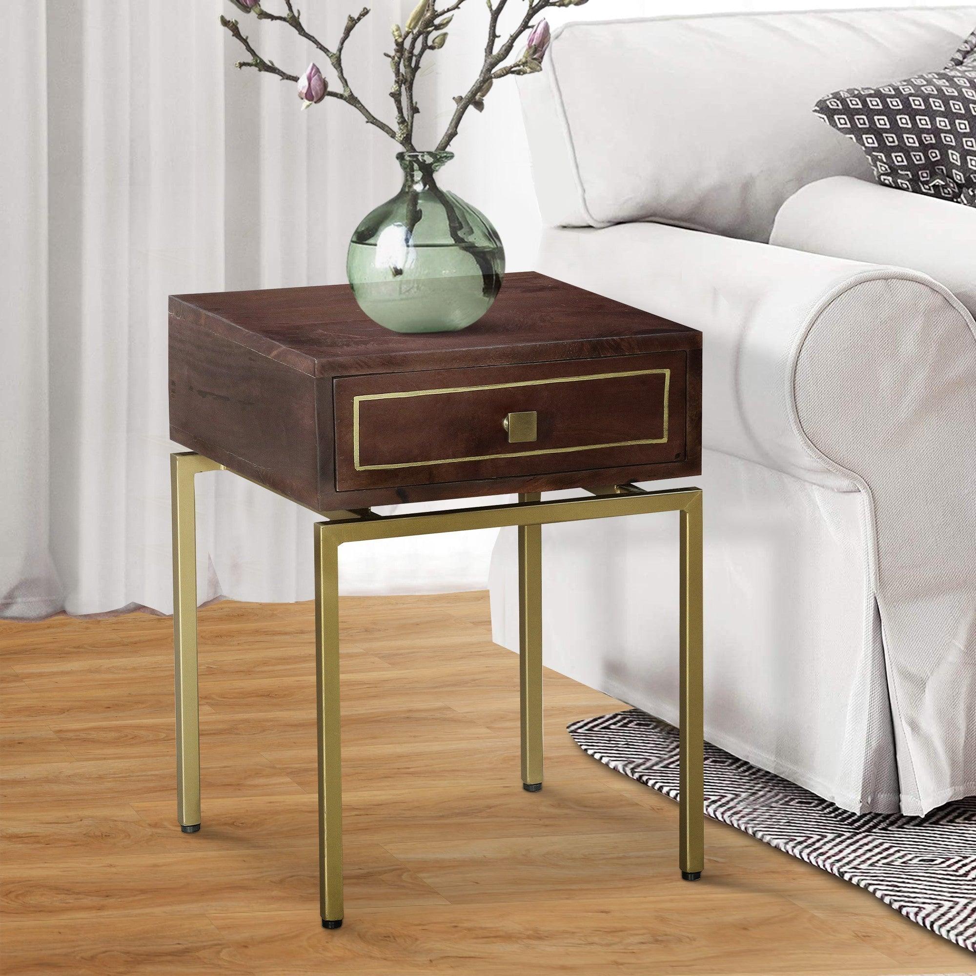 Ellis 16 Inch Side Table with 1 Drawer and Brass Metal Legs, Brown, Matte Gold