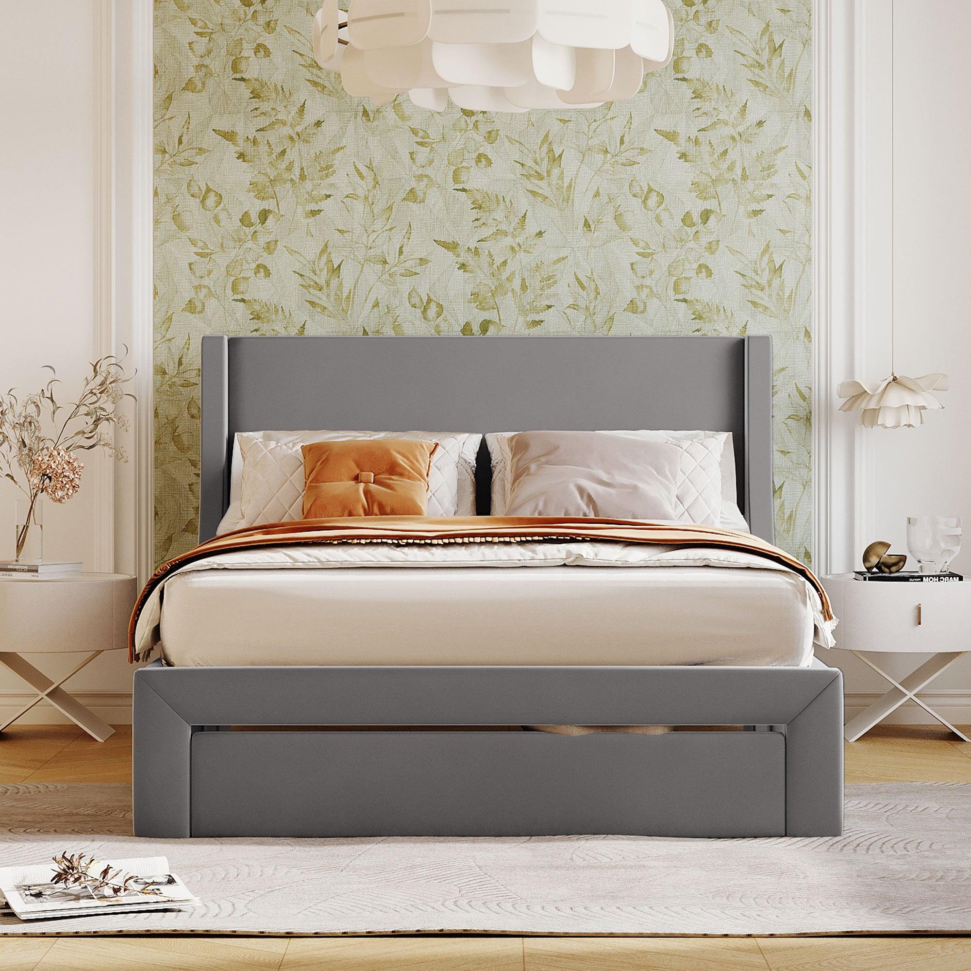 Full SizeStorage Bed Velvet Upholstered Platform Bed with a Big Drawer - Gray