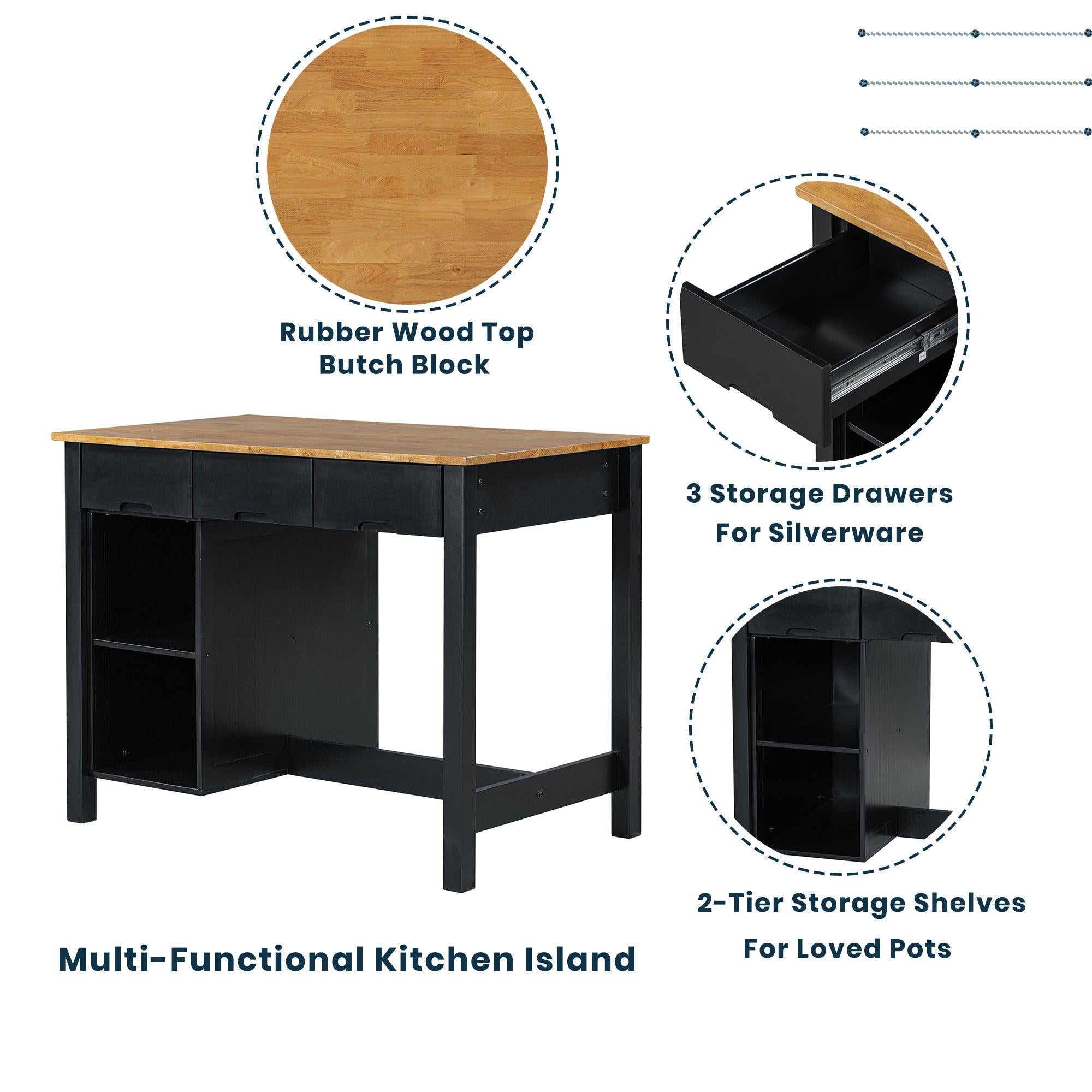 Farmhouse 3-piece 45" Stationary Rubber Wood Kitchen Island Set with 2 Seatings, Butcher Block Dining Table Set Prep Table Set with 2 Shelves and 3 Drawers for Small Places,Black