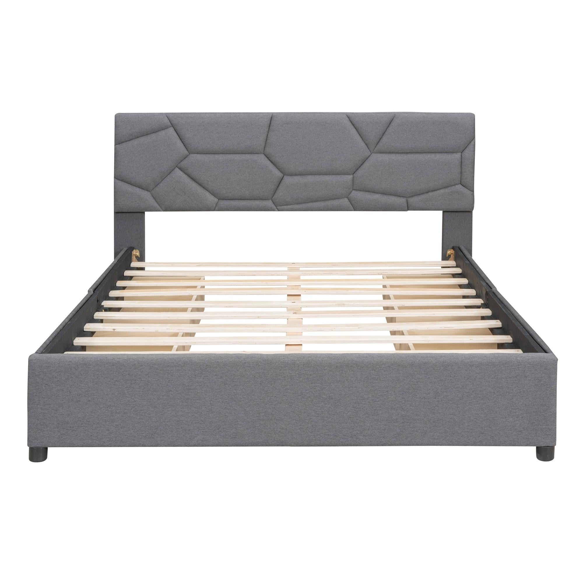 Queen Size Upholstered Platform Bed with Brick Pattern Heardboard and 4 Drawers, Linen Fabric, Gray