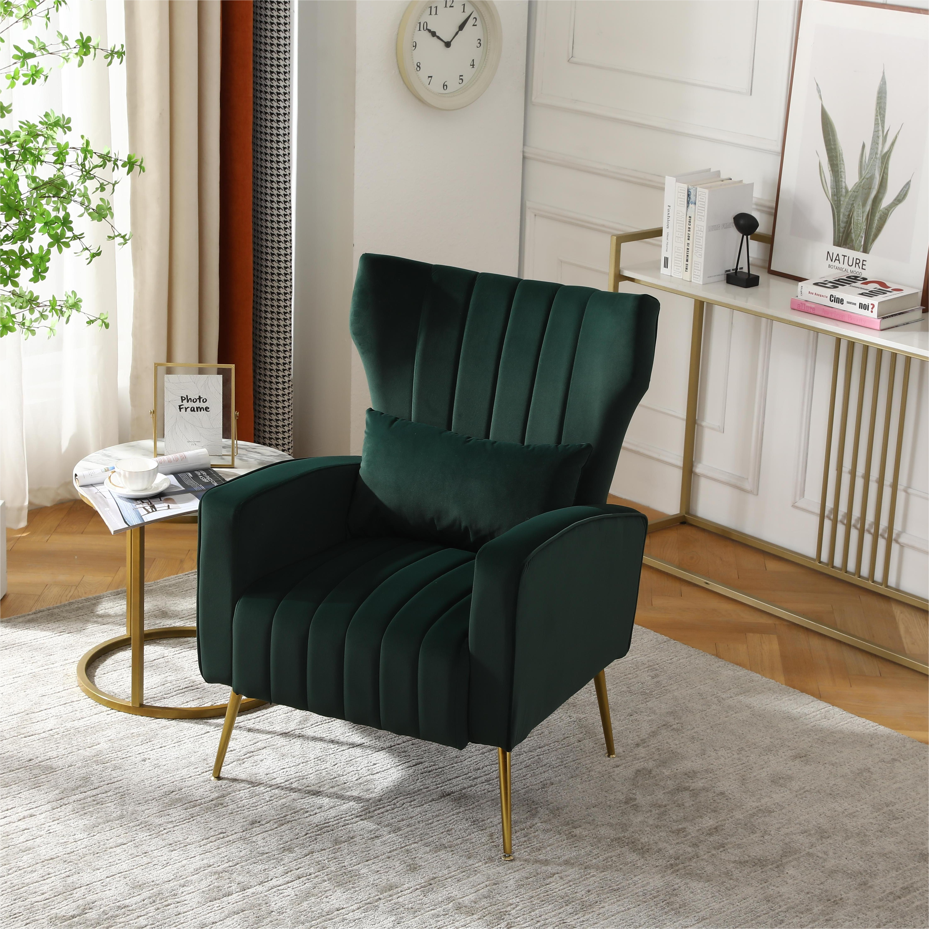 Velvet Accent Chair,Modern Living Room Armchair Comfy Upholstered Single Sofa Chair for Bedroom Dorms Reading Reception Room with Gold Legs & Small Pillow, Dark Green