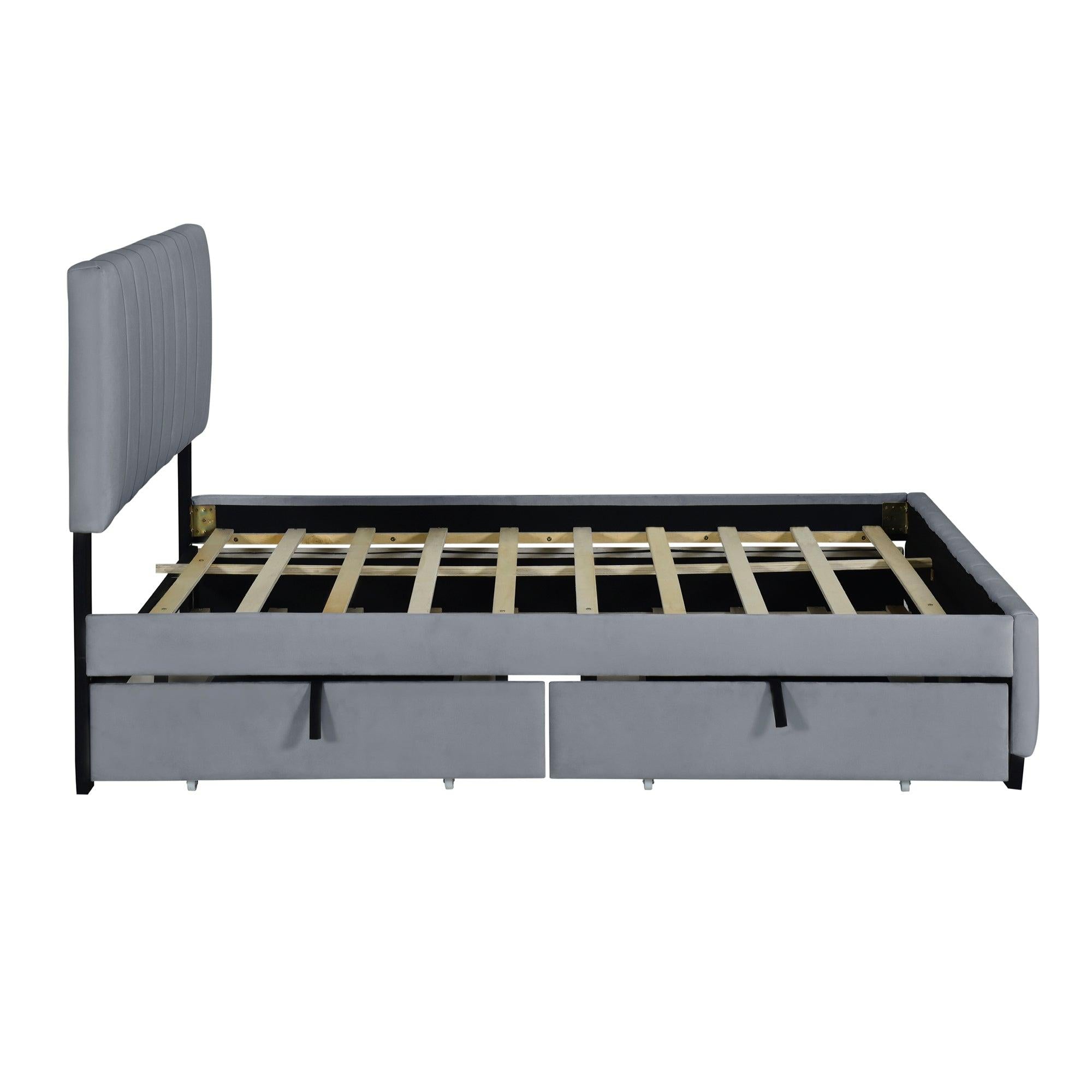 Queen Size Velvet Upholstered Platform Bed with 2 Drawers and 1 Twin XL Trundle- Gray