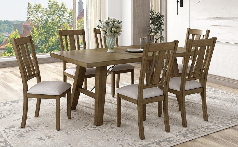 7-Piece Dining Room Set - 72" Industrial Style Rectangular Table with Chain Bracket and 6 Dining Chairs (Natural Walnut)