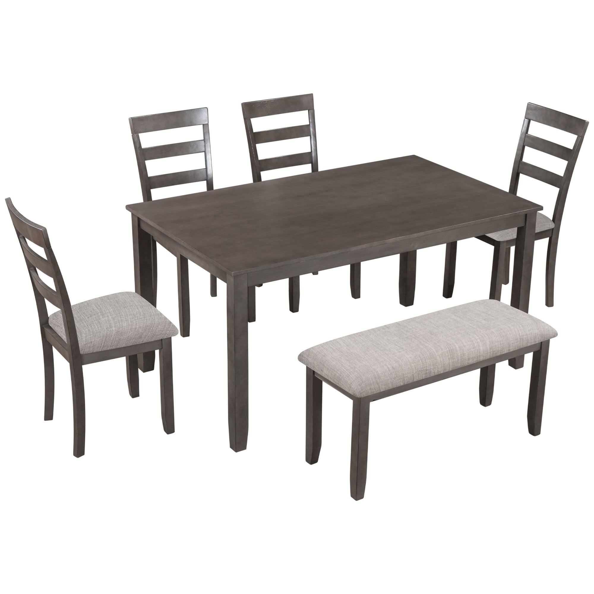 6-Piece Kitchen Simple Wooden Dining Table and Chair with Bench, Fabric Cushion (Gray)