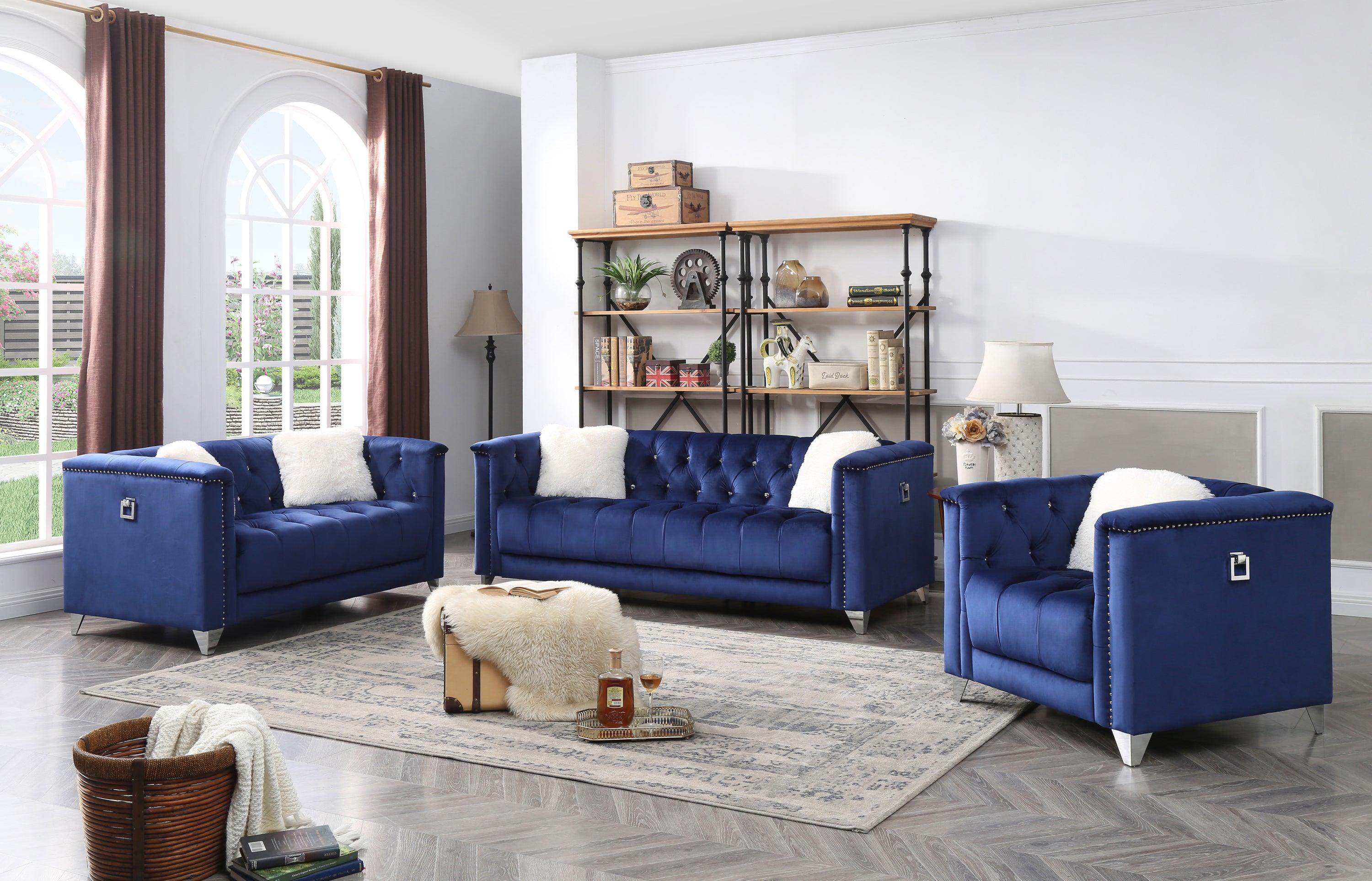 Russell Tufted Upholstery Sofa Finished in Velvet Fabric in Blue