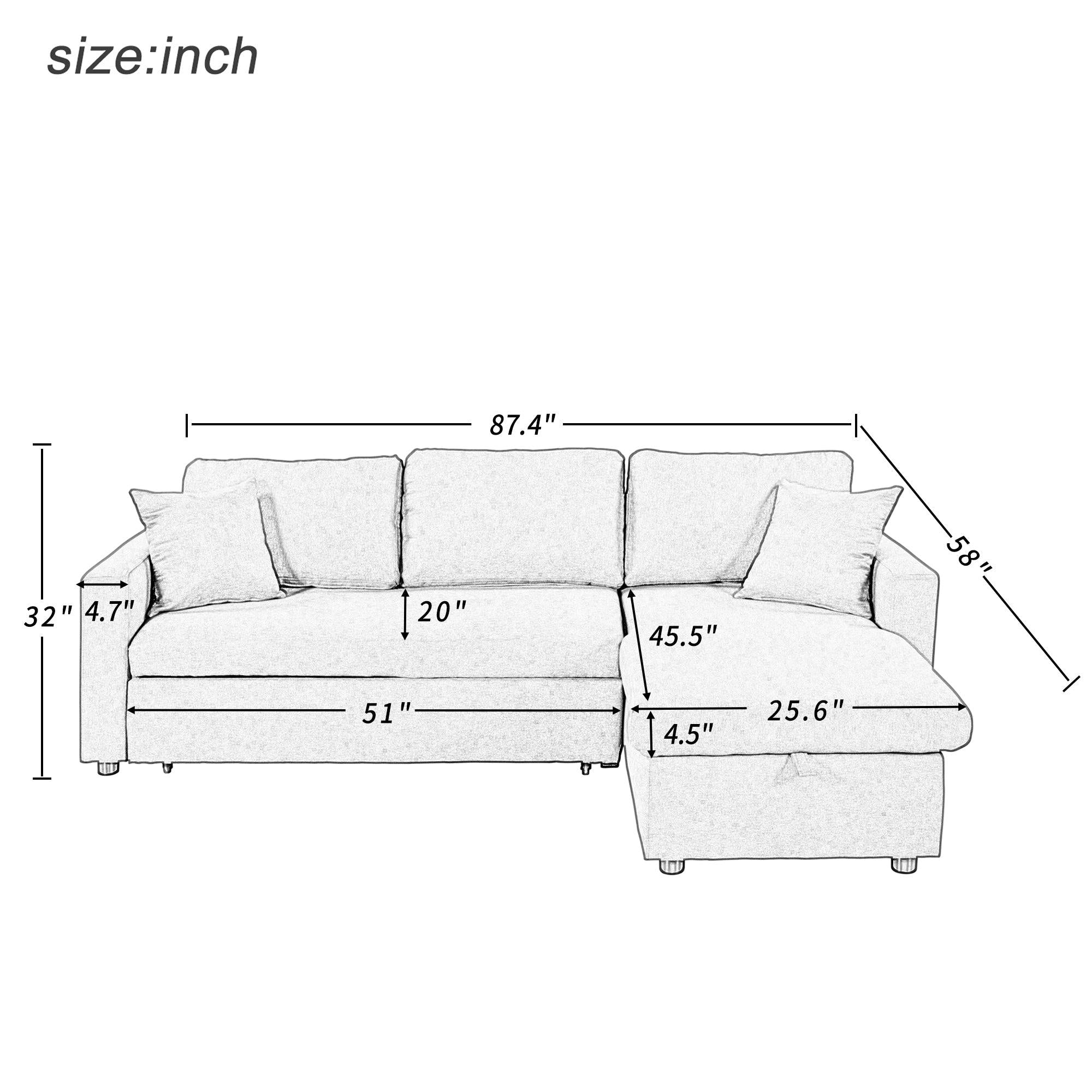 Upholstery  Sleeper Sectional Sofa Grey withStorage Space, 2 Tossing Cushions