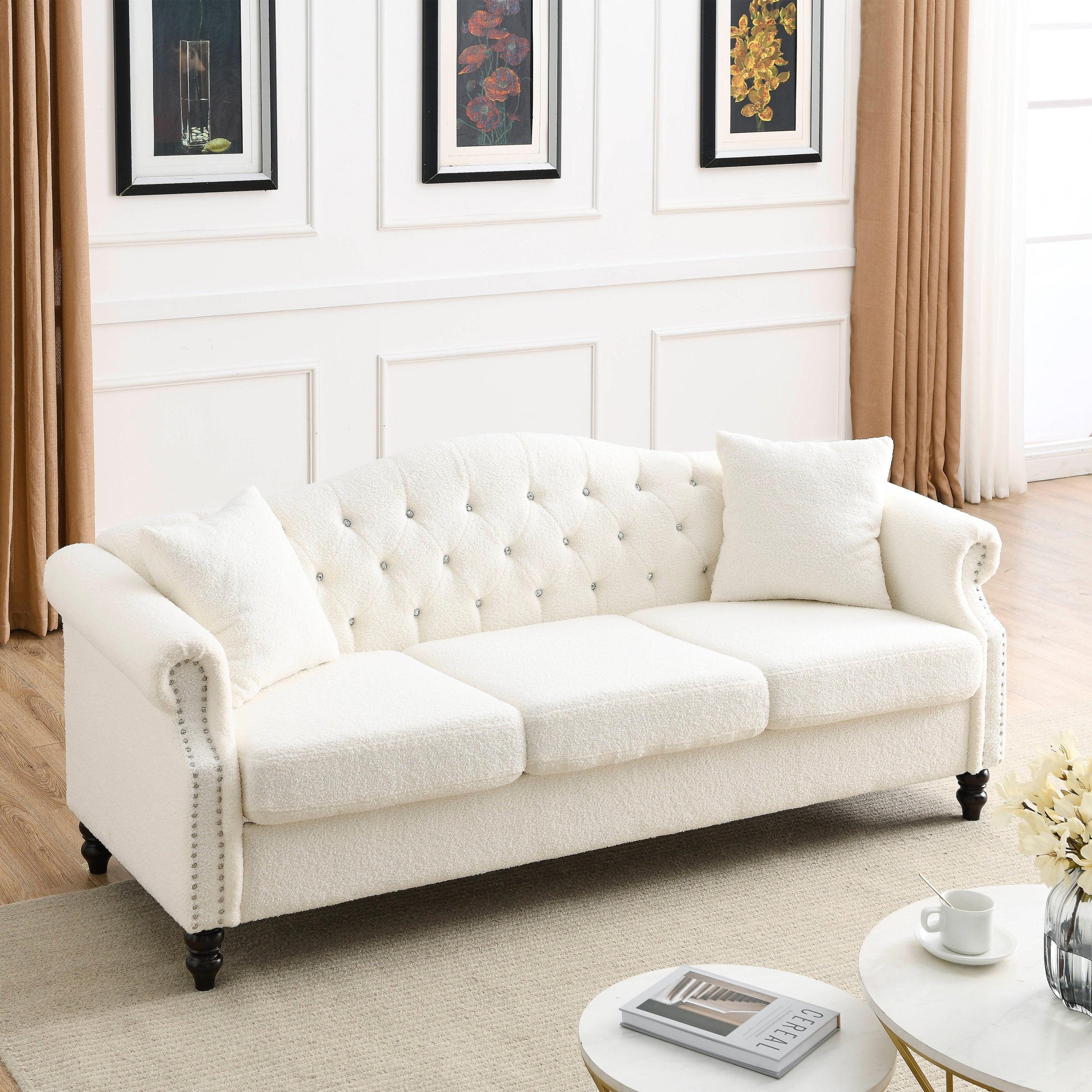 79" Chesterfield Sofa Teddy white for Living Room, 3 Seater Sofa Tufted Couch with Rolled Arms and Nailhead for Living Room, Bedroom, Office, Apartment, two pillows