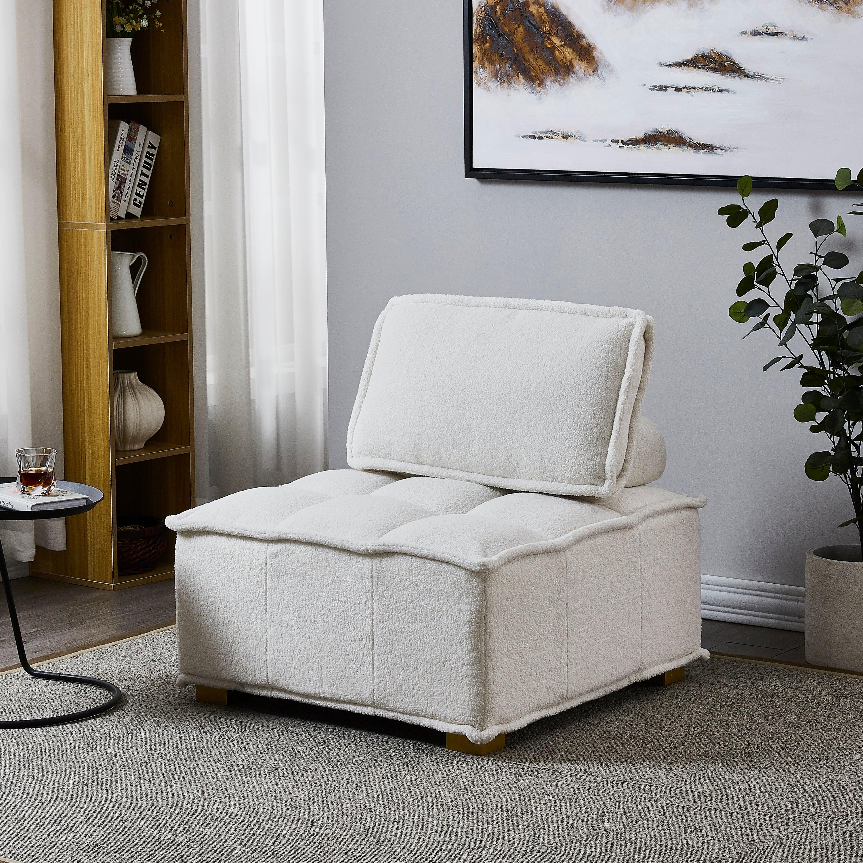 Lazy sofa ottoman with ld wooden legs teddy fabric (White)