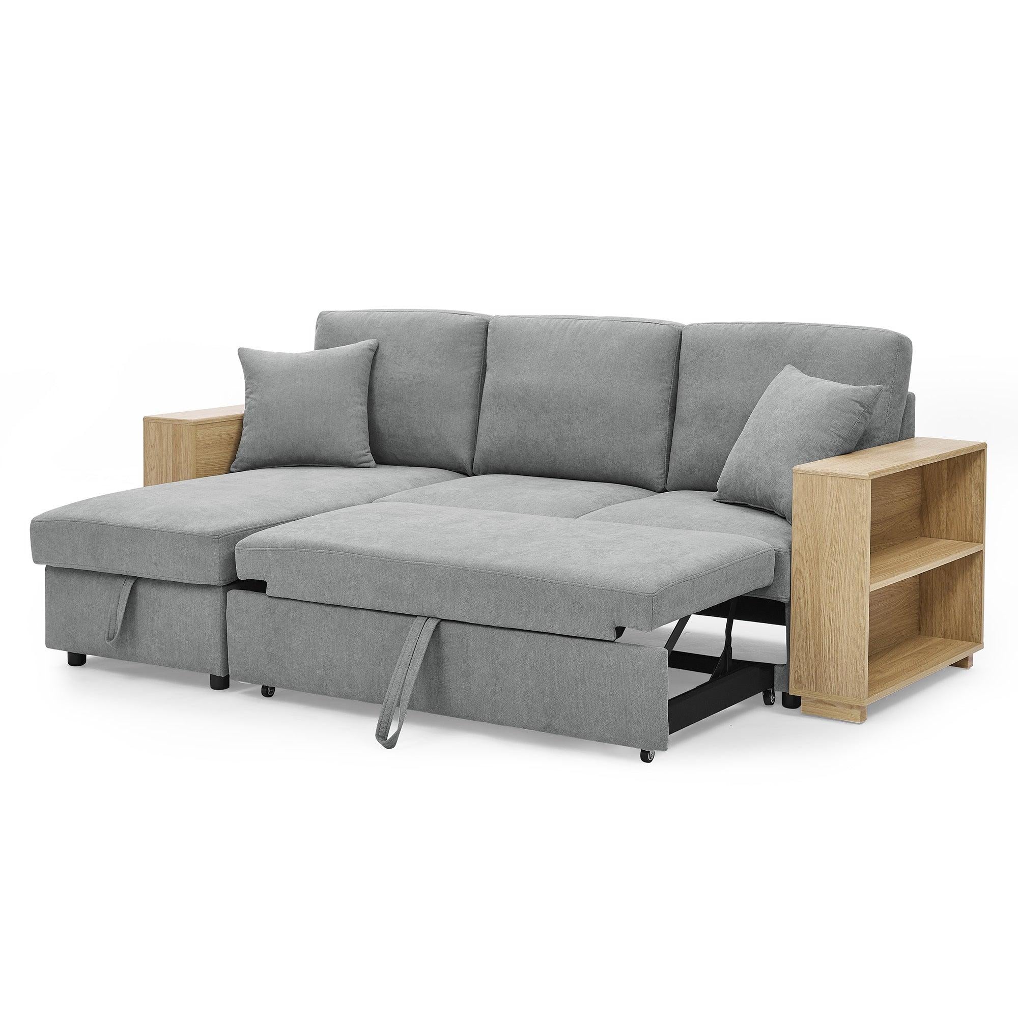 Sectional Sofa with Pulled Out Bed, 2 Seats Sofa and Reversible Chaise withStorage, MDF Shelf Armrest, Two Pillows, Grey, (88" x52" x 34")