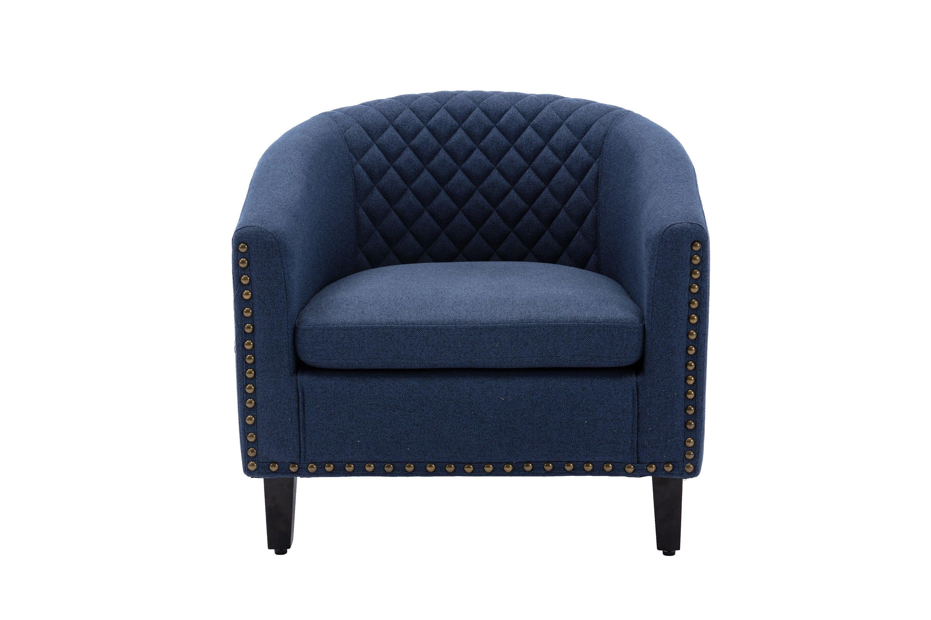 accent Barrel chair living room chair with nailheads and solid wood legs  Black  Navy  Linen