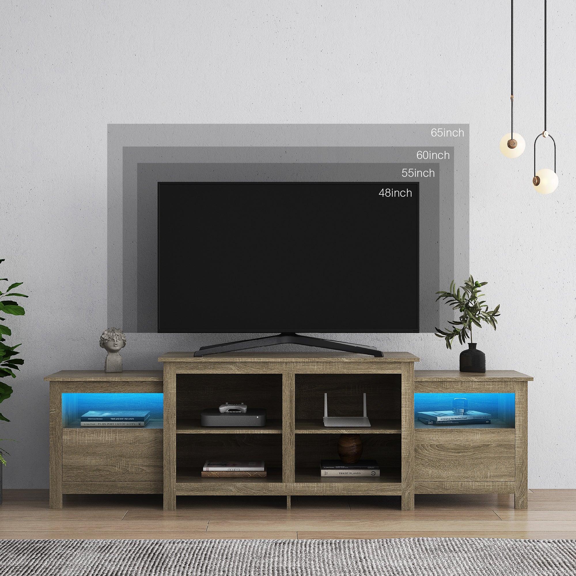 Modern  Wood grain color TV Stand for 75 inch TV , 16 Colors LED TV Stand w/Remote Control Lights