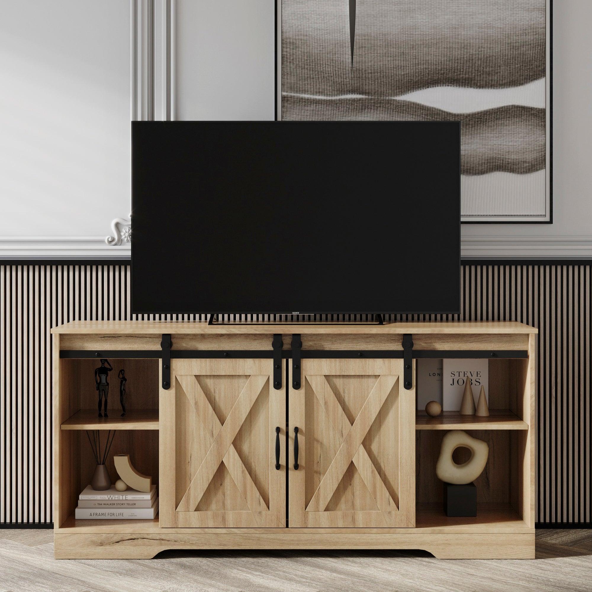 TV Stand Sliding Barn DoorModern&Farmhouse Wood Entertainment Center,Storage Cabinet Table Living Room with Adjustable Shelves for TVs Up to 65", Rustic Oak image