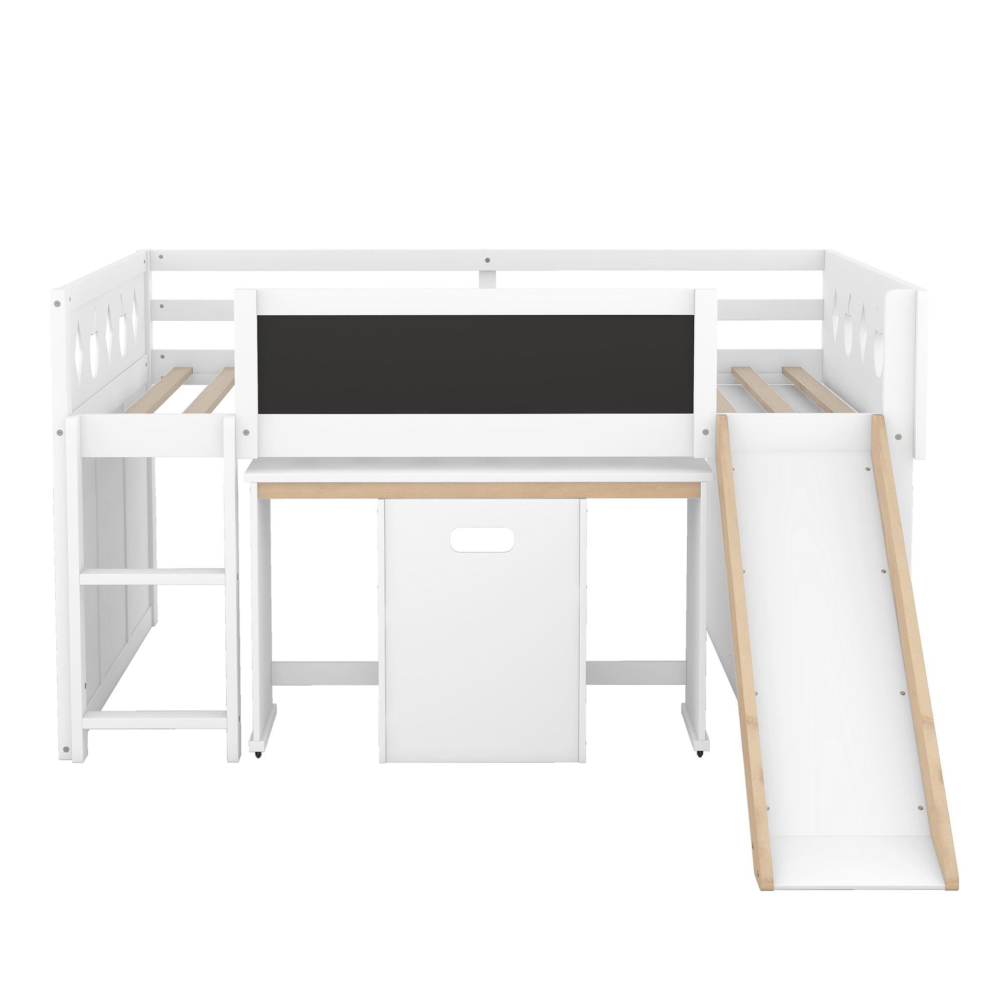 Wood Full Size Loft Bed with Slide, 4 Cabinets, Blackboard, Desk and Chair, White