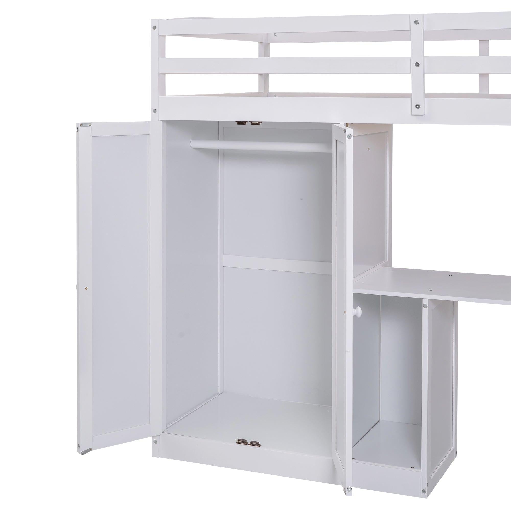 Twin Size Loft Bed with Wardrobe and Staircase, Desk andStorage Drawers and Cabinet in 1, White