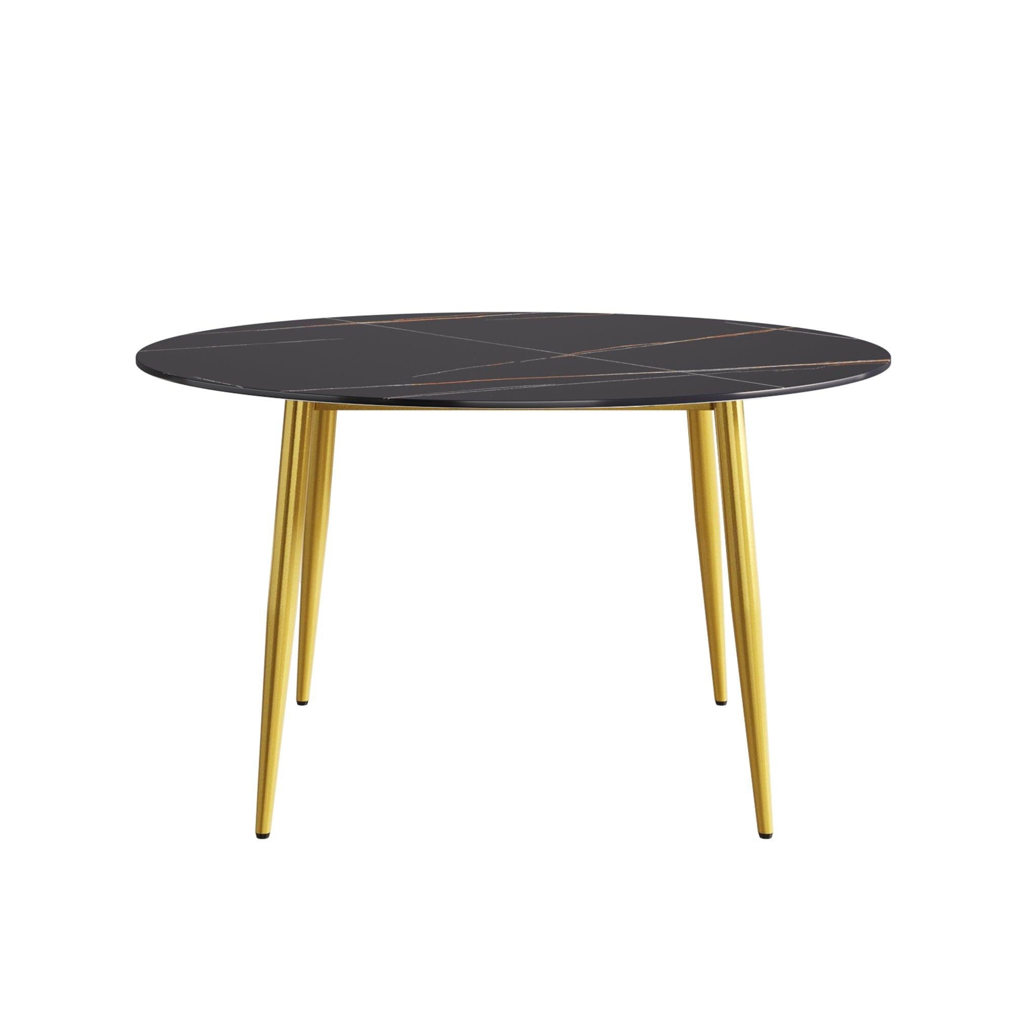 53.15 "Modern artificial stone black round dining table with golden metal legs-can accommodate 6 people.