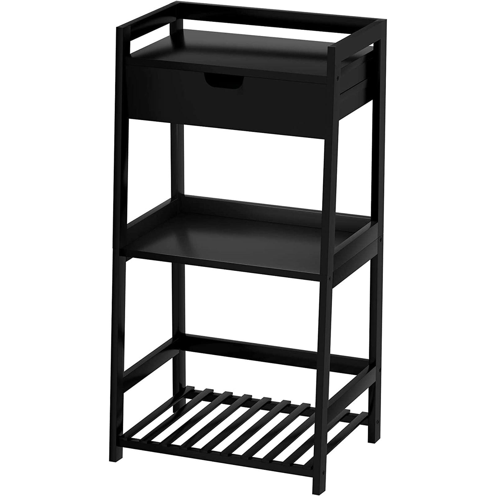 Bathroom Shelves, 3 Tier Ladder Shelf with Drawers, Bamboo Nightstand Open Shelving, Bookshelf Bookcase End Table Plant Stand for Living Room, Bedroom, Bathroom, Kitchen(Black) image