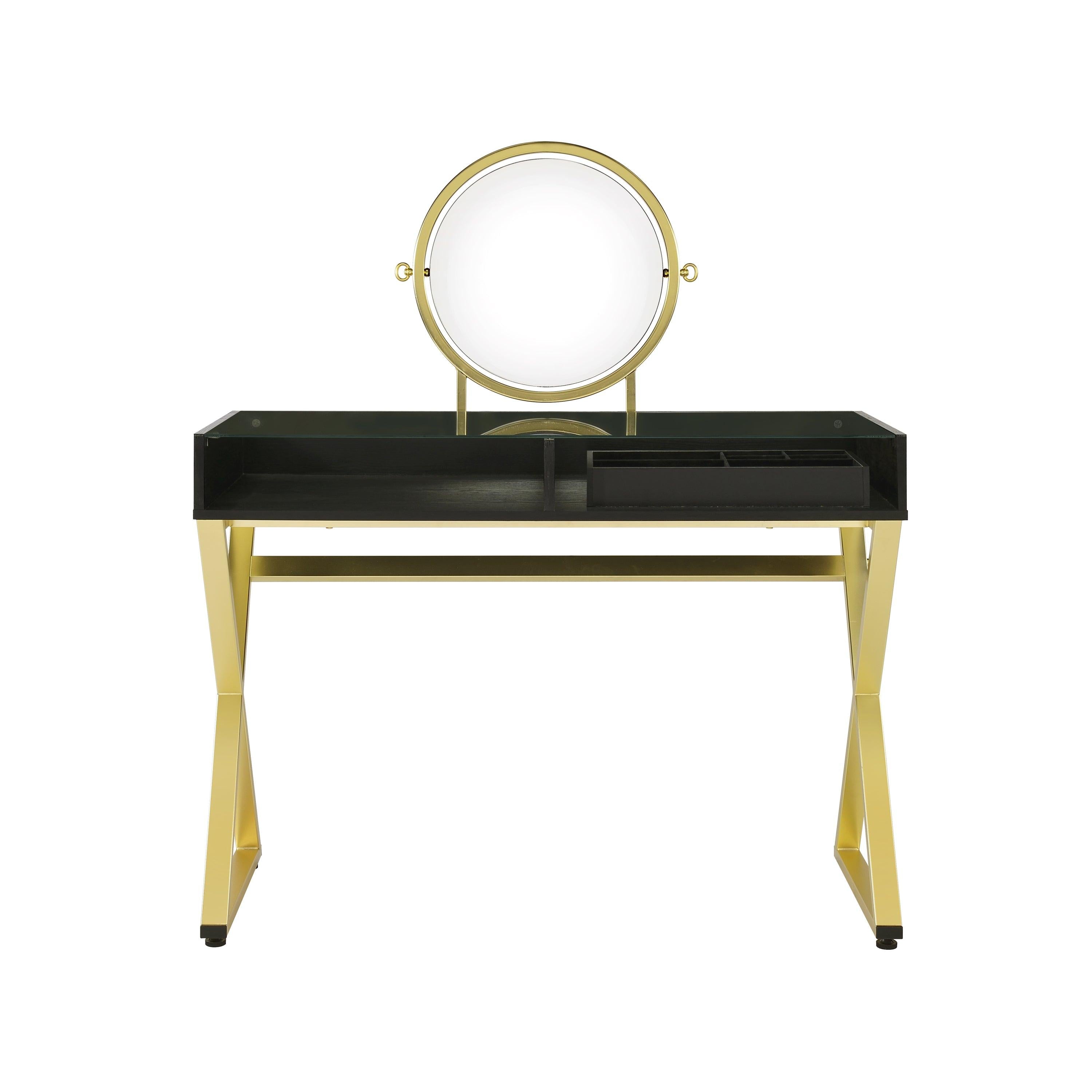 ACME Coleen Vanity Desk w/Mirror & Jewelry Tray in Black & Gold Finish AC00669