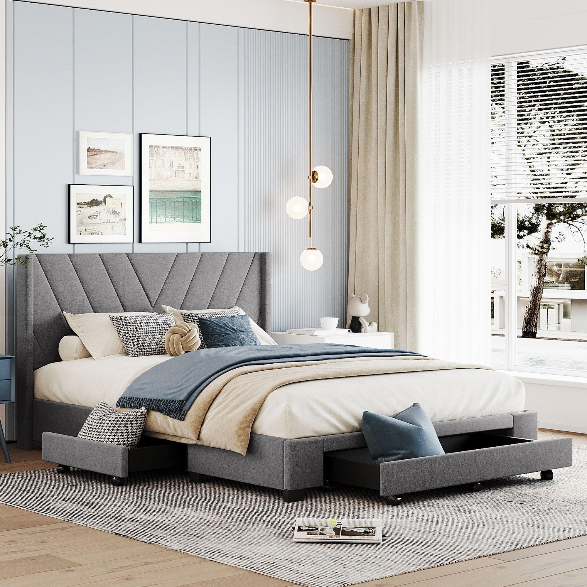 Queen SizeStorage Bed Linen Upholstered Platform Bed with 3 Drawers (Gray) image