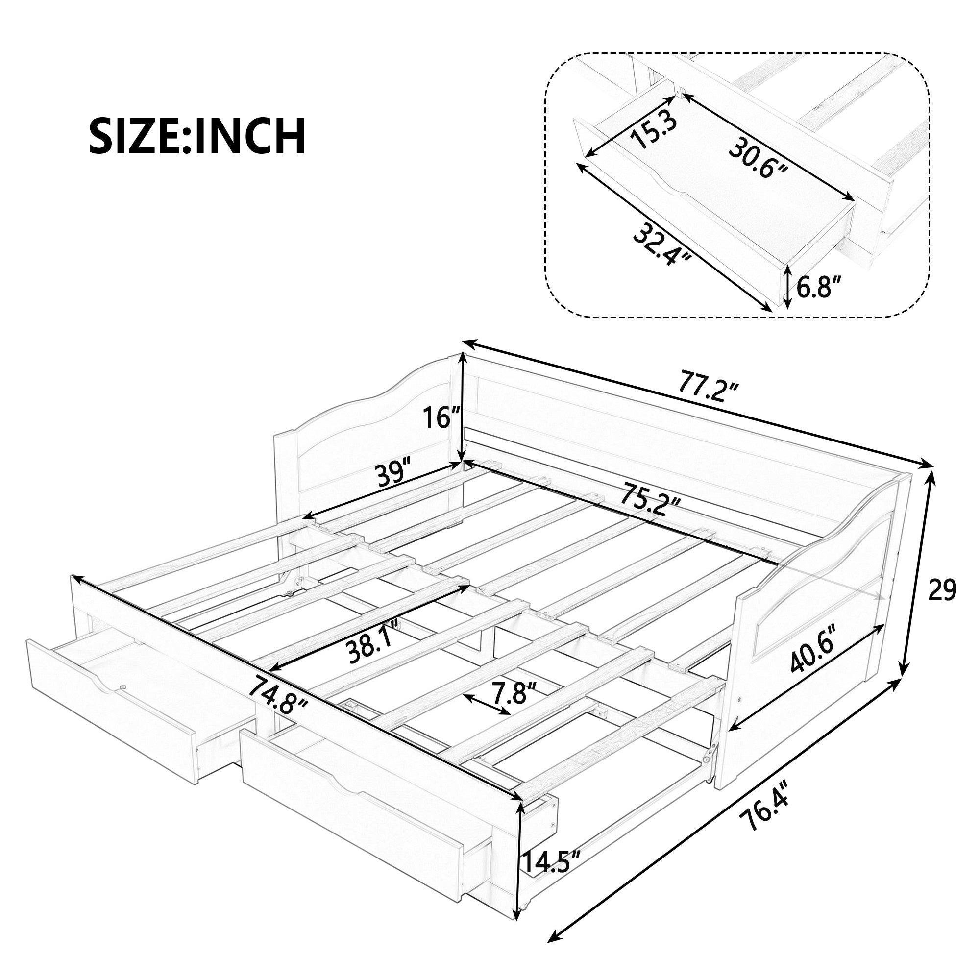 Wooden Daybed with Trundle Bed and TwoStorage Drawers , Extendable Bed Daybed,Sofa Bed with Two Drawers, Gray