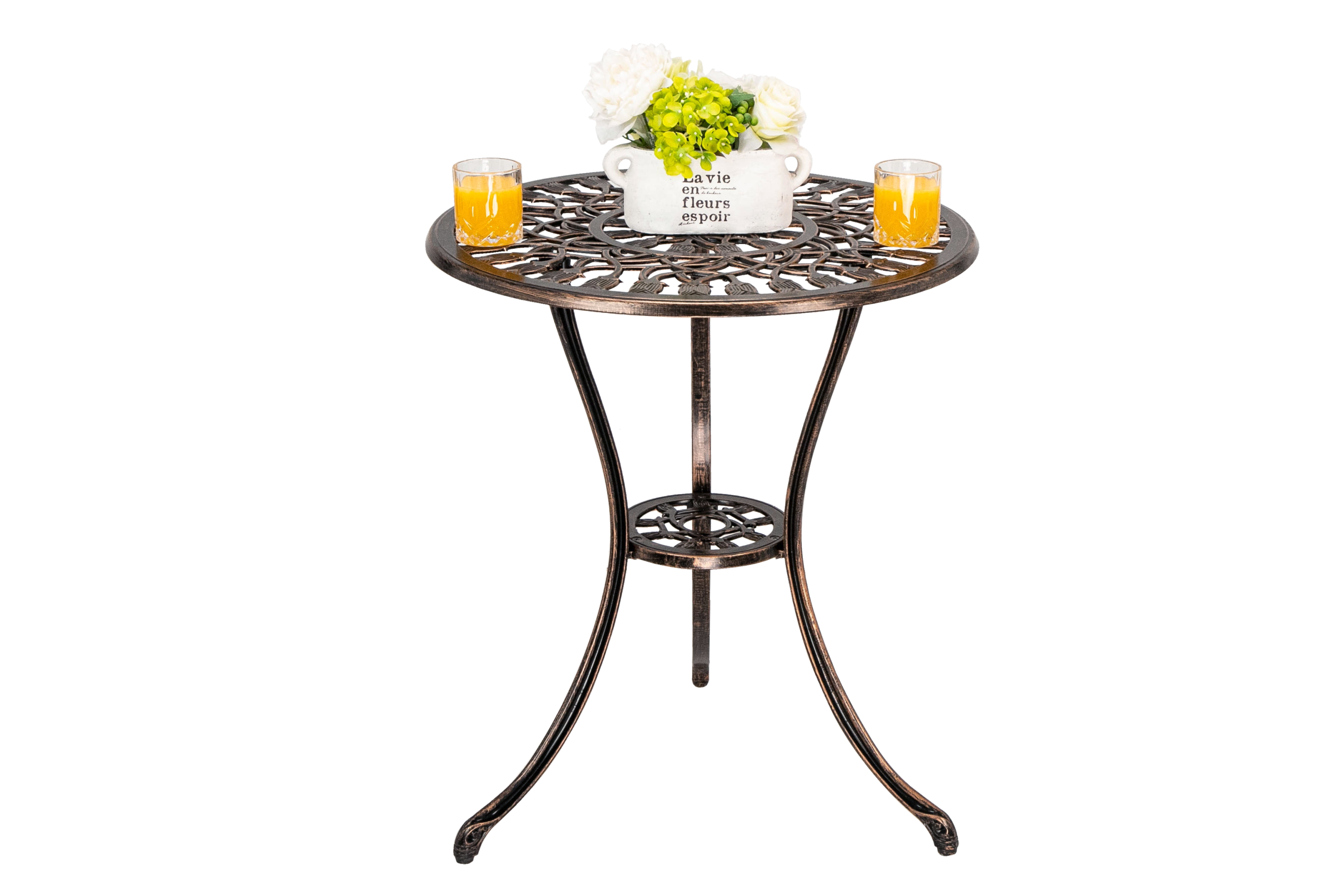 Bistro Table Set, Outdoor Patio Set 3 Piece Table and Chairs, Tulip Carving and Weather Resistant-Antique Bronze