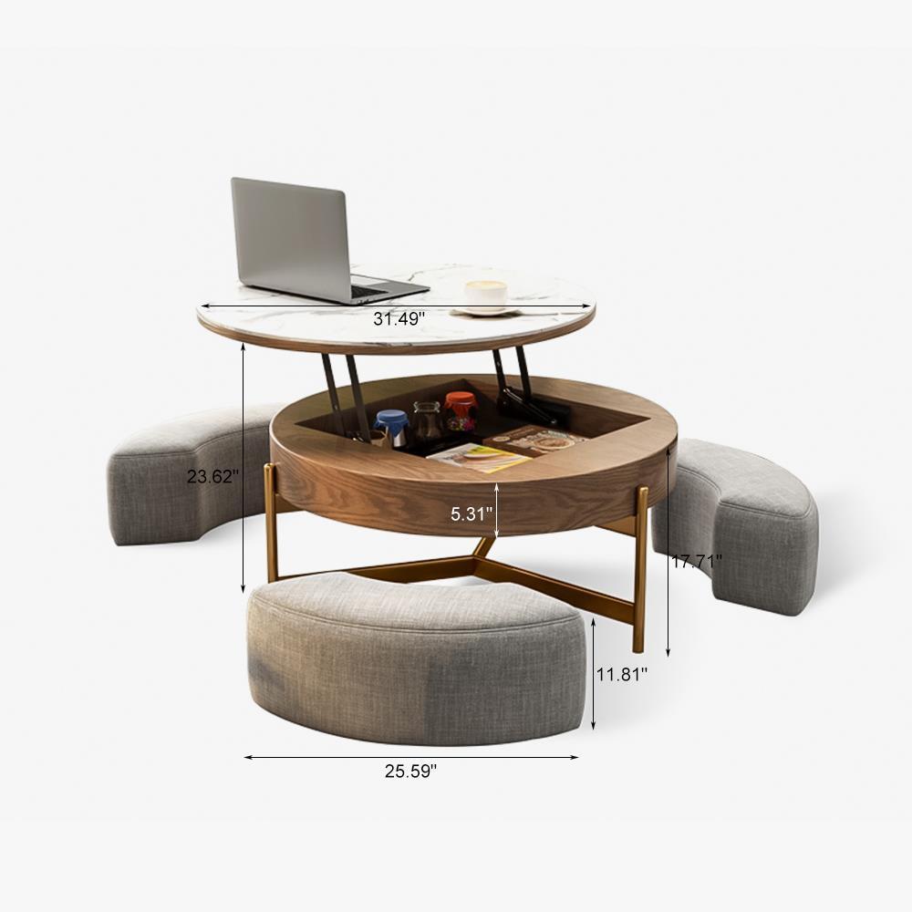 31" Aiona Lifting-top RoundModern Coffee Table withStorage, 3 Ottomans, Sintered Stone Top, Carbon Steel Legs, Brown