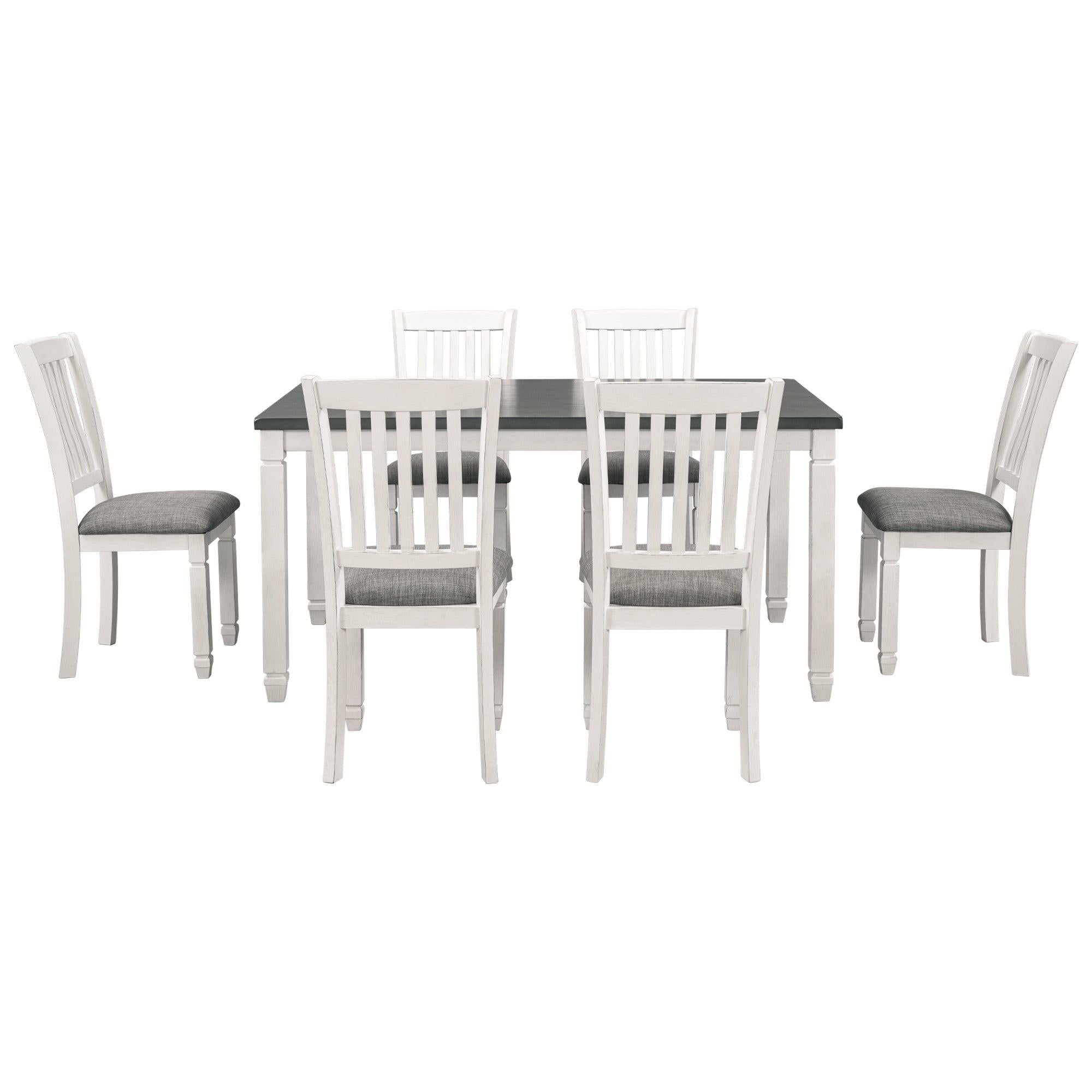 7-Piece Dining Table Set Wood Dining Table and 6 Upholstered Chairs with Shaped Legs for Dining Room/Living Room Furniture (Gray+White)