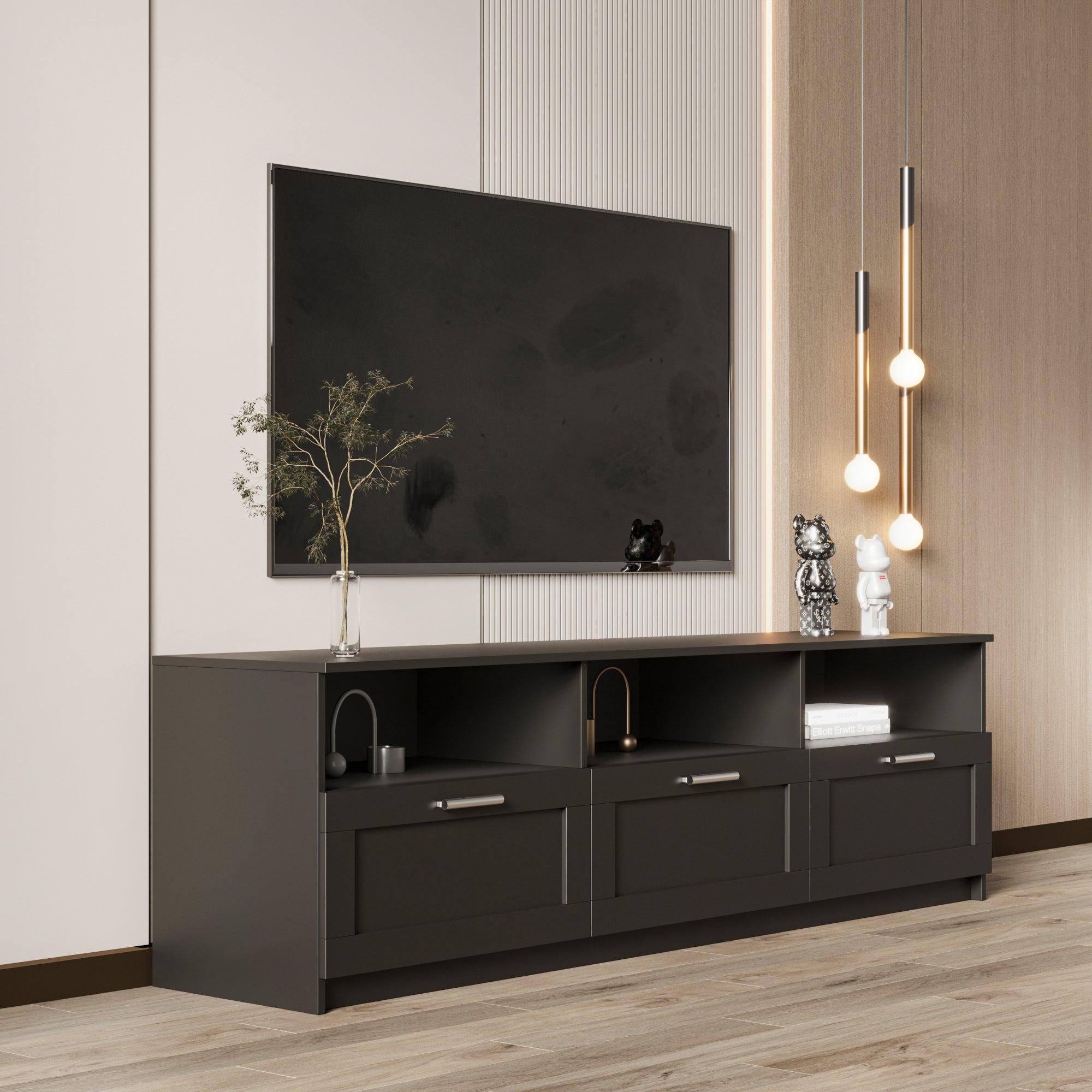 BlackModern minimalist TV cabinet 80 inch TV stand, open locker Living Room Bedroom