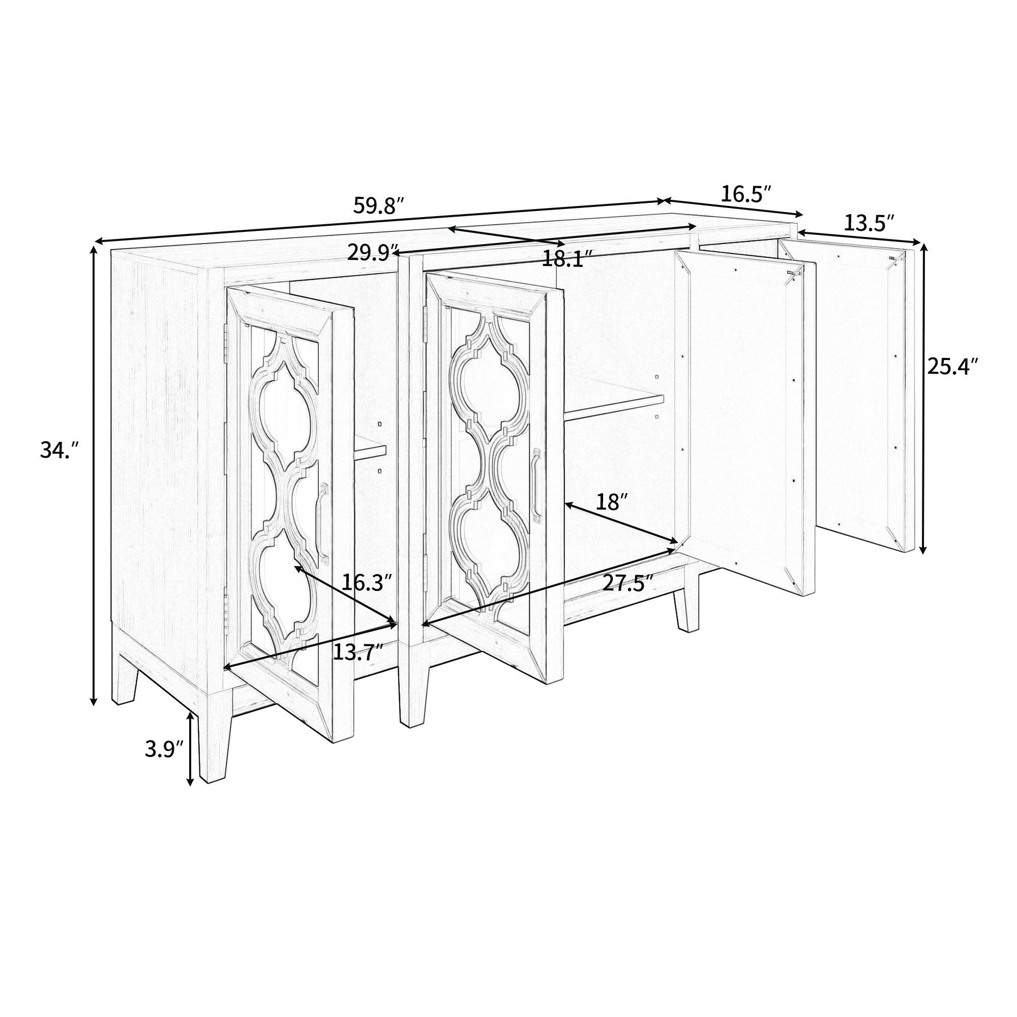 59.8‘’Modern Mirrored Console Table Sideboard for Living Room Dining Room with 4 Cabinets and 3 Adjustable Shelves (As Same As WF284039AAE)