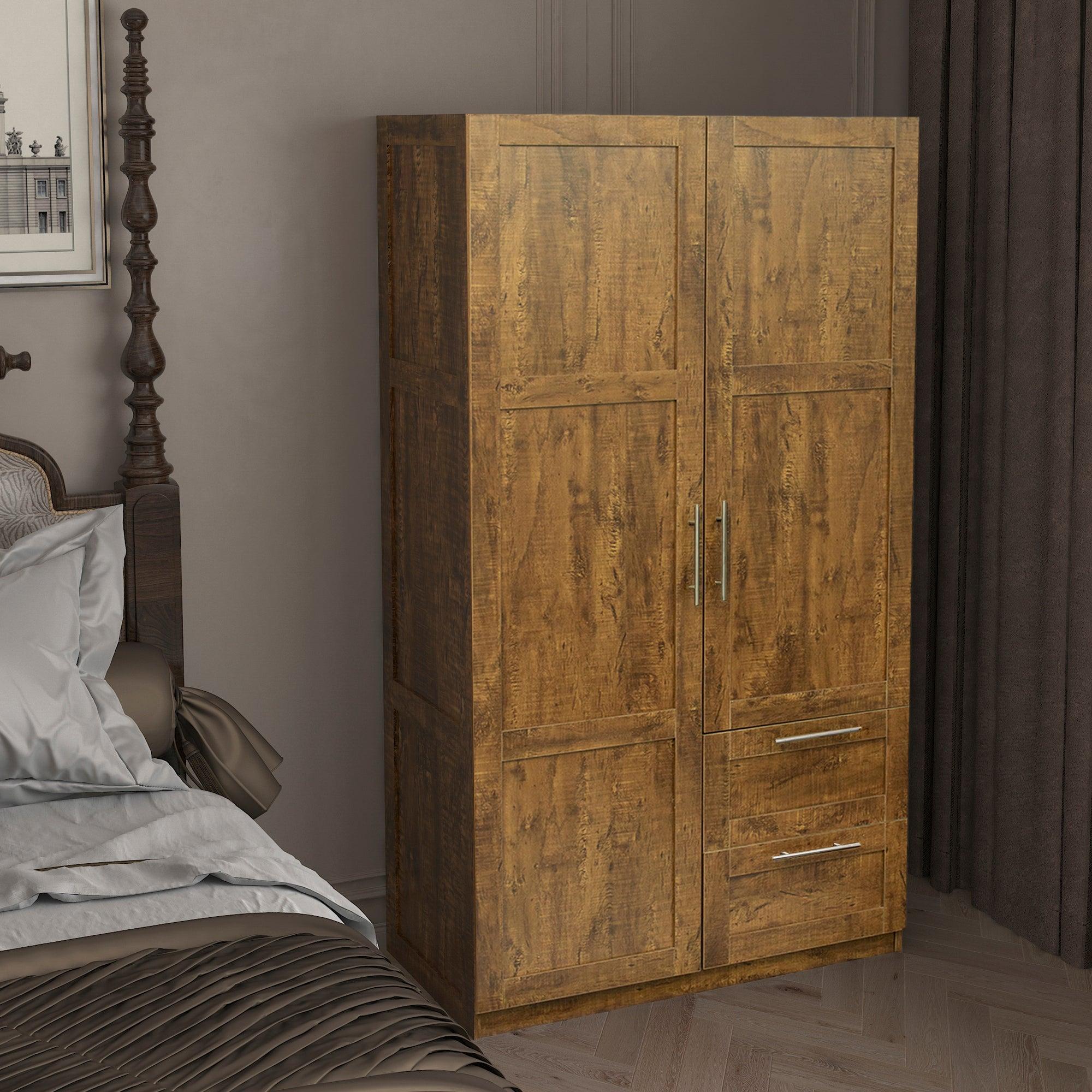 High wardrobe and kitchen cabinet with 2 doors, 2 drawers and 5Storage spaces,walnut