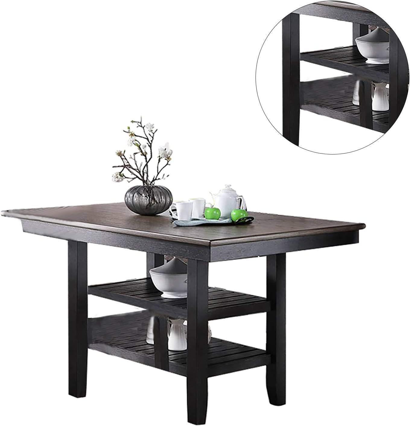 Transitional Dining Room 7pc Set Dark Coffee Rubberwood Counter Height Dining Table w 2x Shelfs and 6x High Chairs Fabric Upholstered seats Unique Back Counter Height Chairs