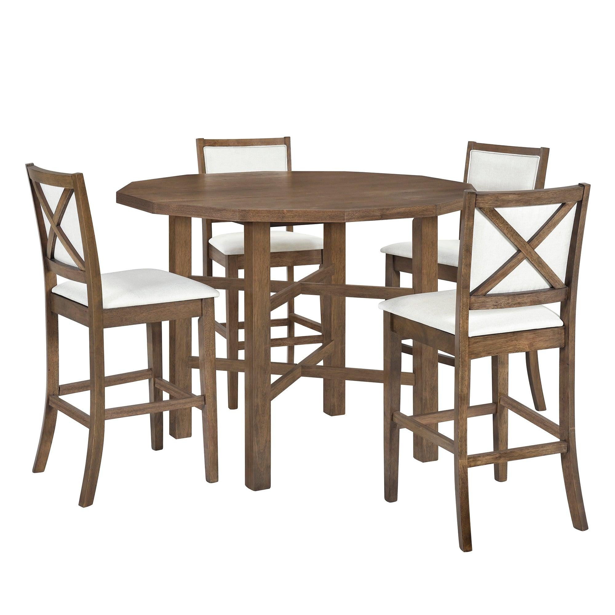 5-Piece Rubber Wood Counter Height Dining Table Set, Irregular Table with 4 High-back Cushioned Chairs for Small Place, Brown