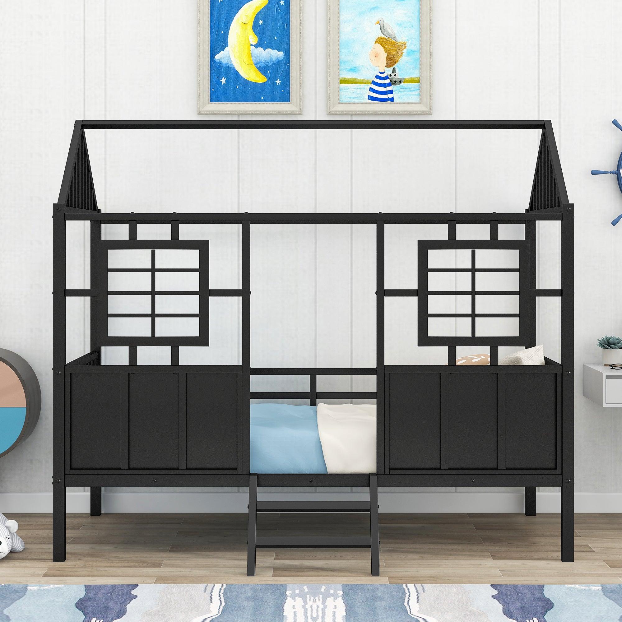 Twin Size Metal Low Loft House Bed with Roof and Two Front Windows , Black